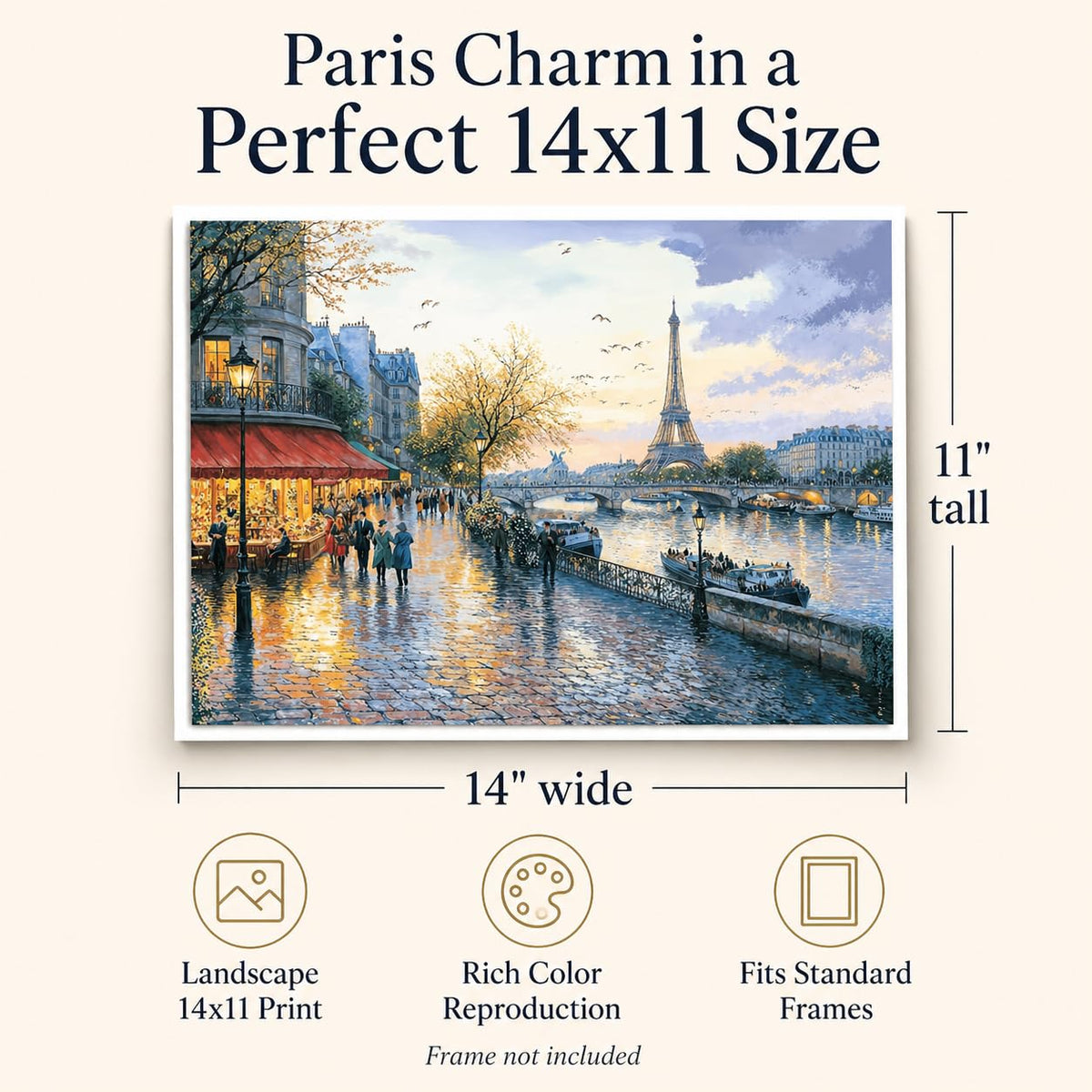 Evening Stroll In Paris: Eiffel Tower And Seine River Cityscape 11x14 Unframed Poster-Romantic French Sunset Painting, Scenic Street Scene, Cobblestone Street, Boat Scene, Parisian Cafe, Dusk Wall Art
