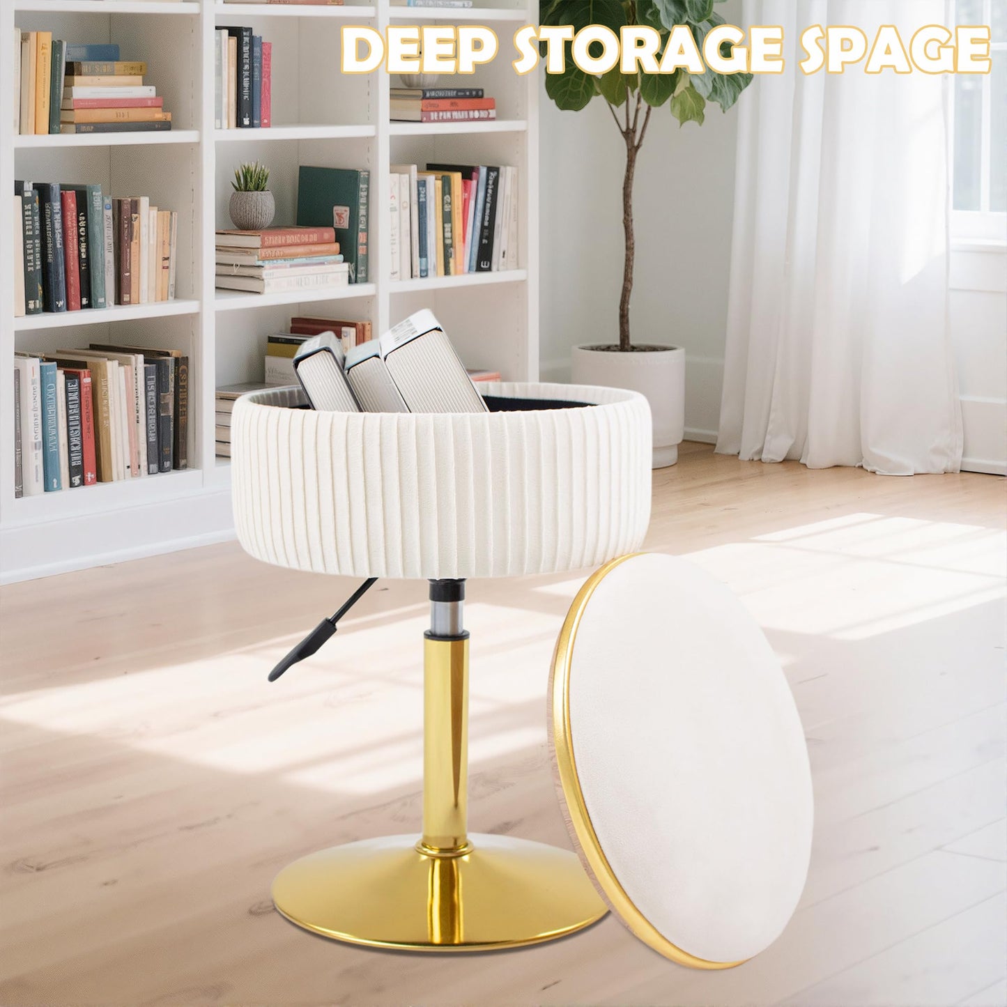 MRITWAII Adjustable Vanity Stool with Storage, 360° Swivel Makeup Stool Chair Small Velvet Round Ottoman with Gold Base for Bedroom (Beige)