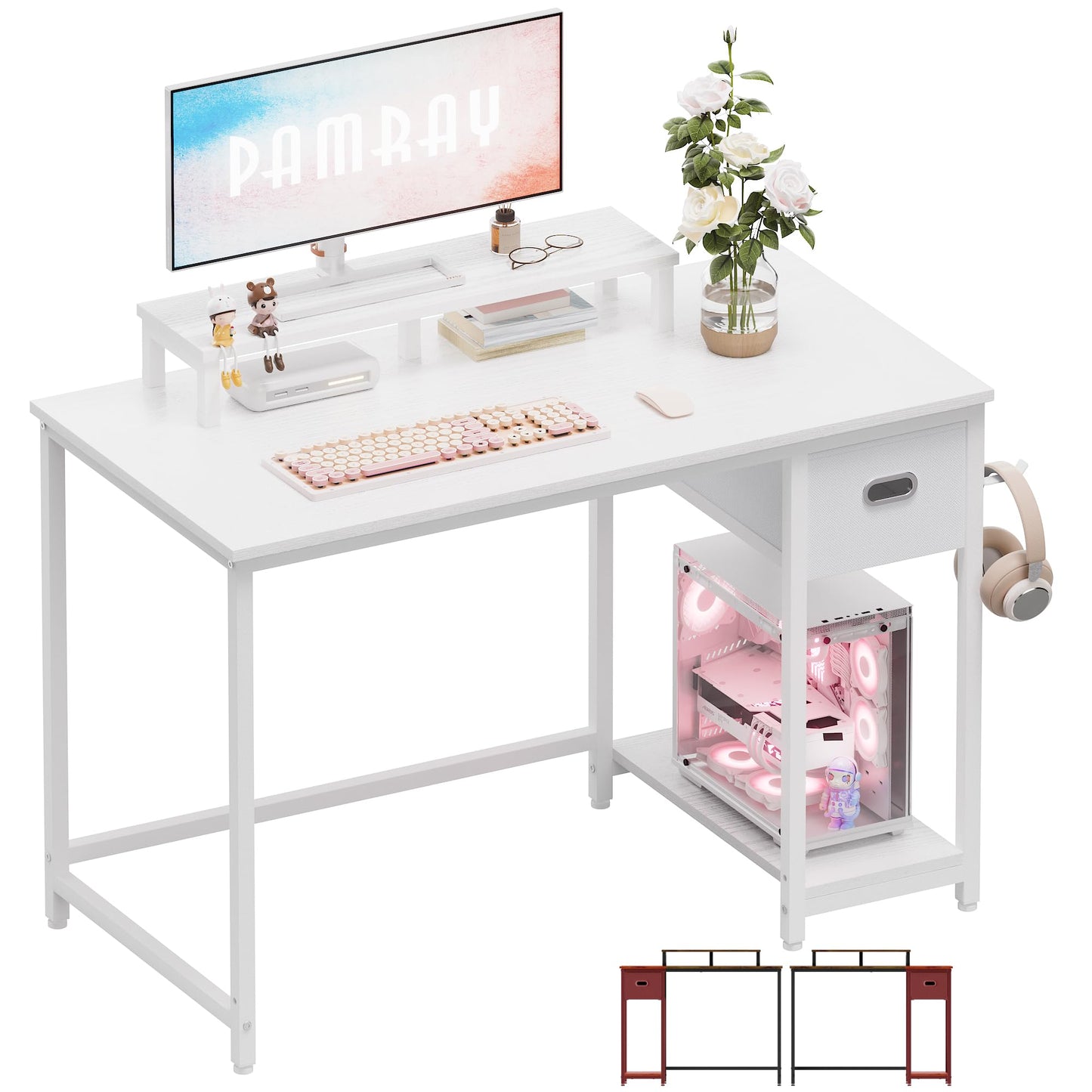Pamray 39 Inch Computer Desk with Monitor Stand Small Home Office Desks with Non-Woven Storage Drawer for Bedroom Study Table Writing and Work Desk White,White Leg
