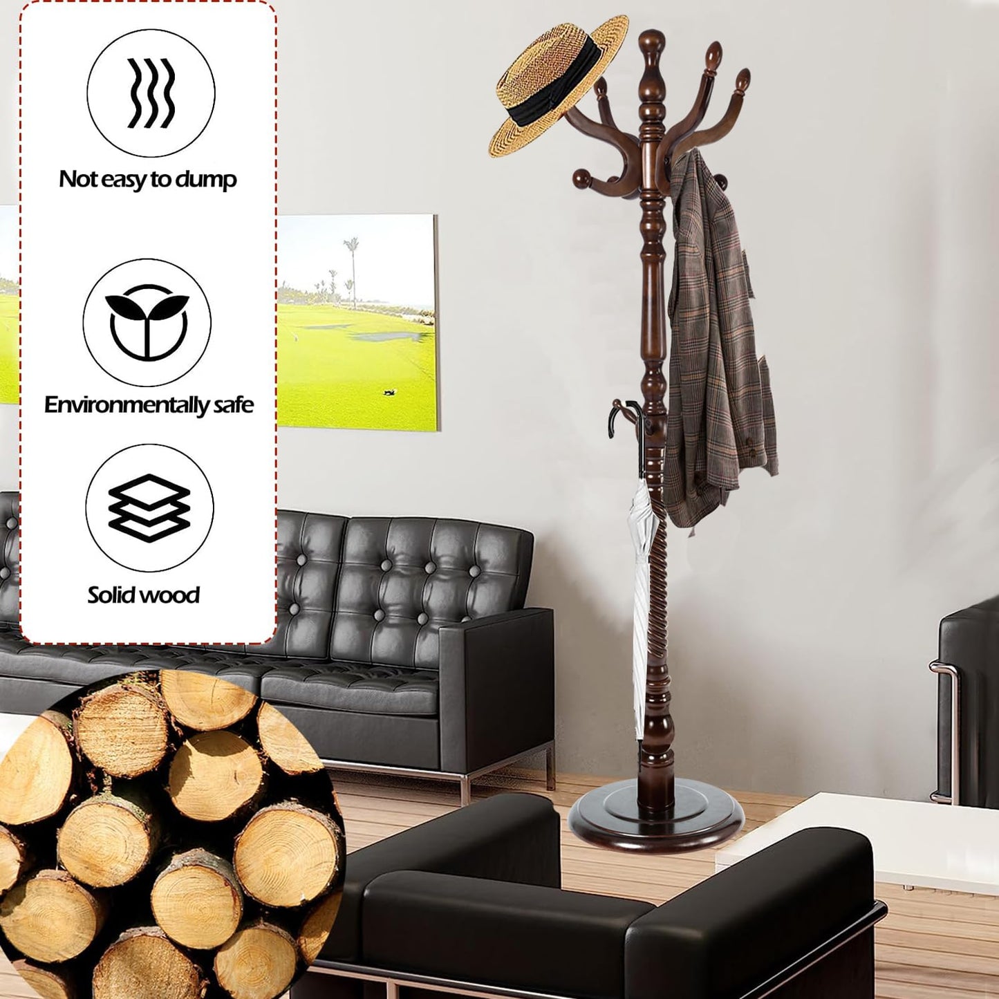 Sauqzoh Coat Racks Free Standing with 14 Hooks, Natural Wood Coat Stands for Entryway, Adjustable Height 73 in Tree Coat Rack Stand for Hallway Home Office Bedroom (Dark Brown)