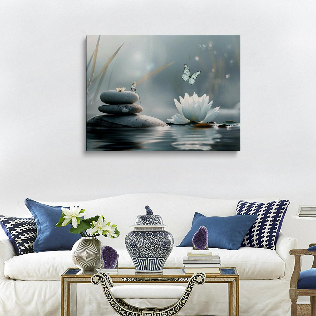 Zen Lotus Flower with Stones and Butterflies Canvas Wall Art Framed Serene Painting Prints Posters Artwork for Meditation Room Wall Decor Calming Spiritual Bathroom Art 12x16 Inches
