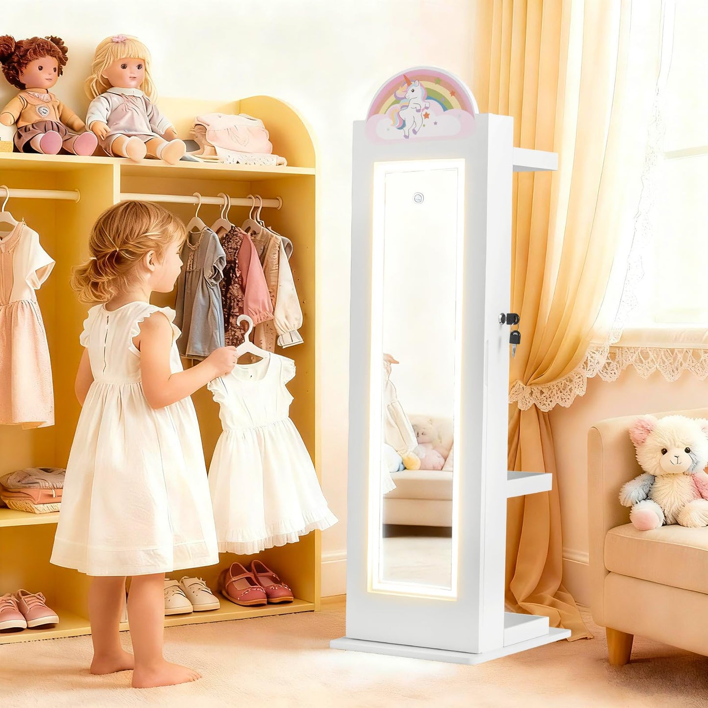 INFANS Kids Jewelry Armoire Cabinet with LED Lights, Lockable Standing Organizer with Full-length Mirror, Unicorn Theme Children Vanity Dress Up Storage Rack for Girls