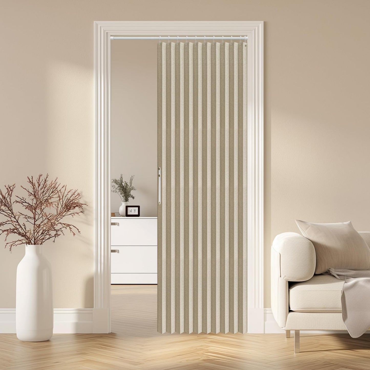 AJAZZ 100% Blackout Magnetic Door Curtain Accordion Doors Interior Folding Closet Door Curtain Invisible Applicable Bedroom Room Living Room Doorway （Cream Yellow 42" W x 78" L 1 Panel