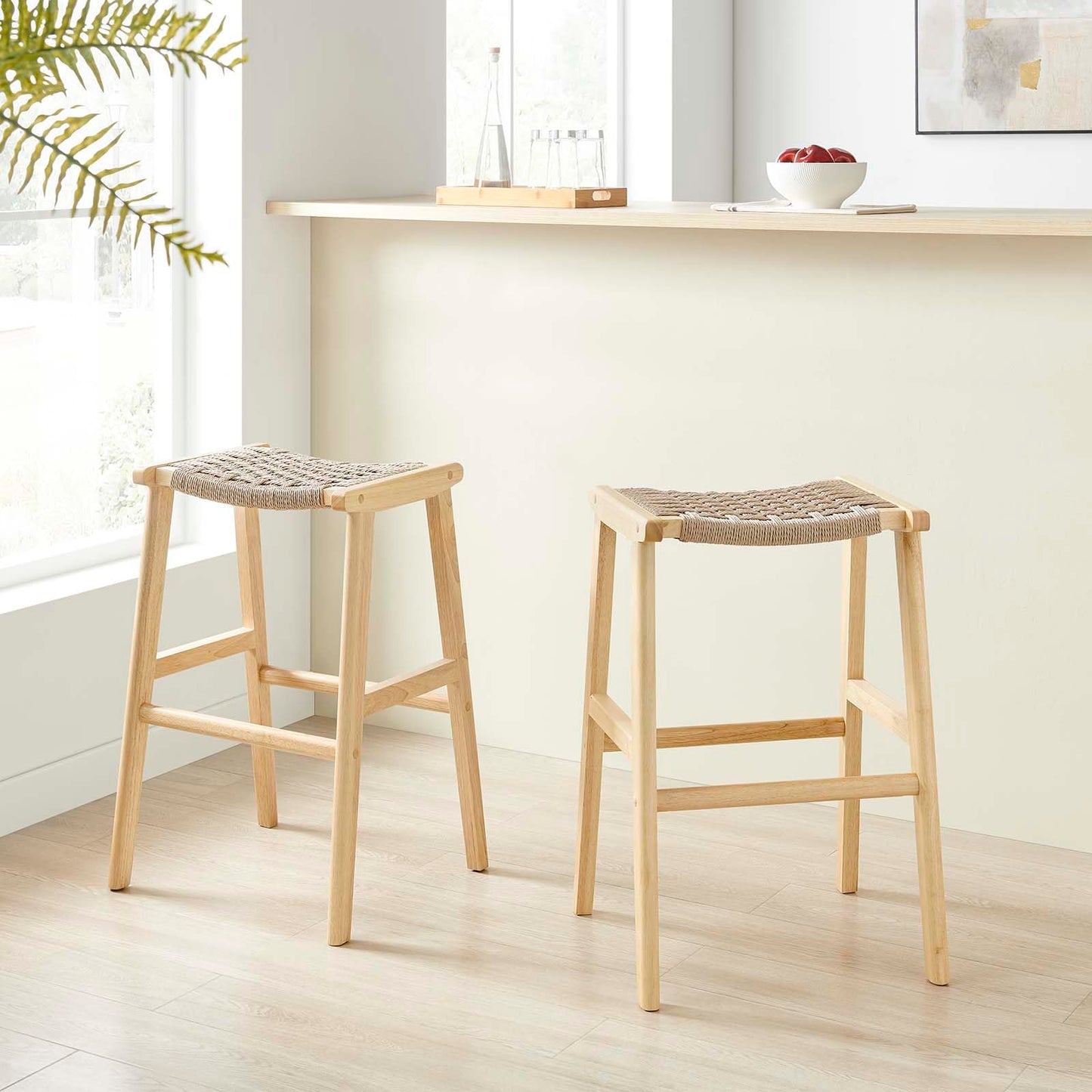 Modway Saoirse Woven Rope Wood Bar Stool - Set of 2 in Natural Natural