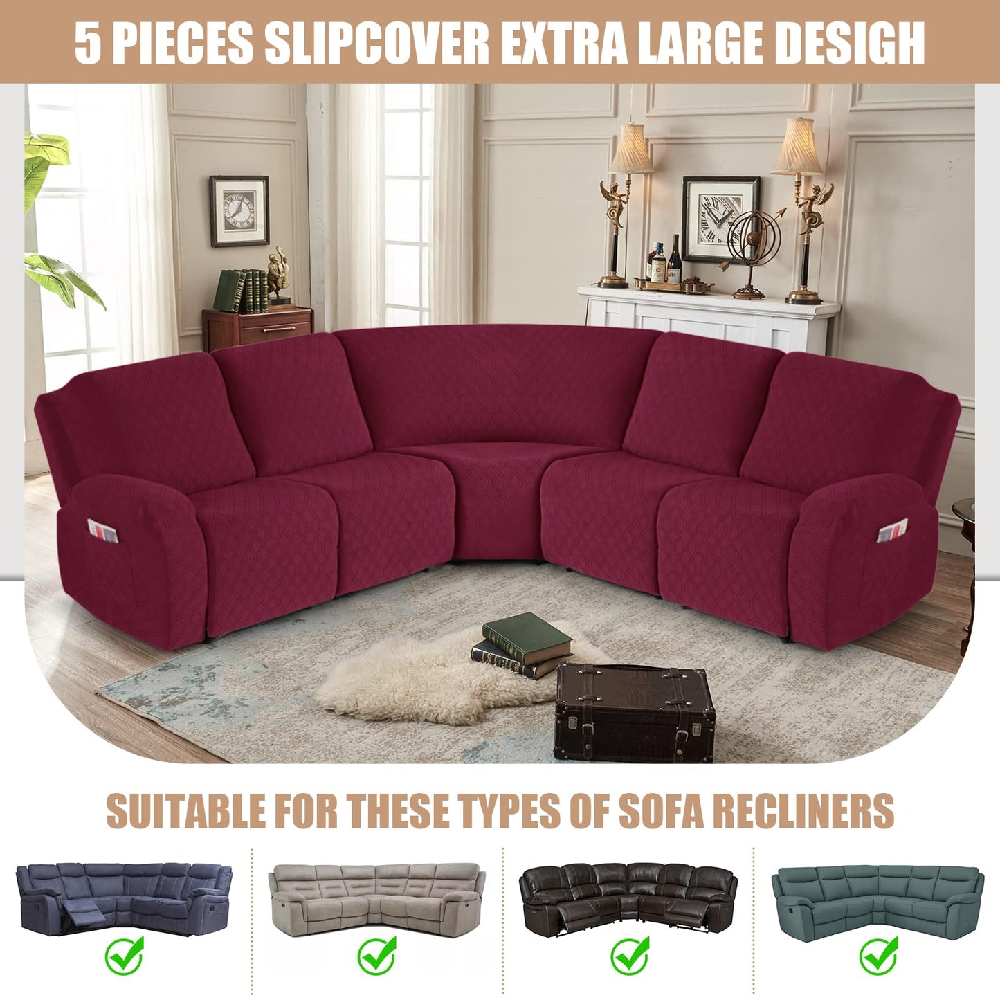 VANSOFY Extra Large Reclining Sectional Couch Covers, Washable 5-Piece Sofa Covers for L Shape Sectional Sofa Corner Seater, Thick, Soft Sofa Slipcovers (5 Seat Recliner Cover, Burgundy)