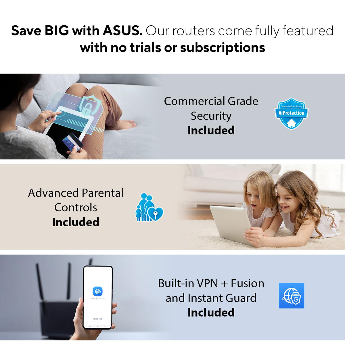 ASUS RT-BE96U BE19000 802.11BE Tri-Band Performance WiFi 7 Extendable Router with 6GHz Support, Dual 10G Port, 320Mhz, Lifetime Internet Security, MLO, Multi-RU Puncturing, AiMesh Support
