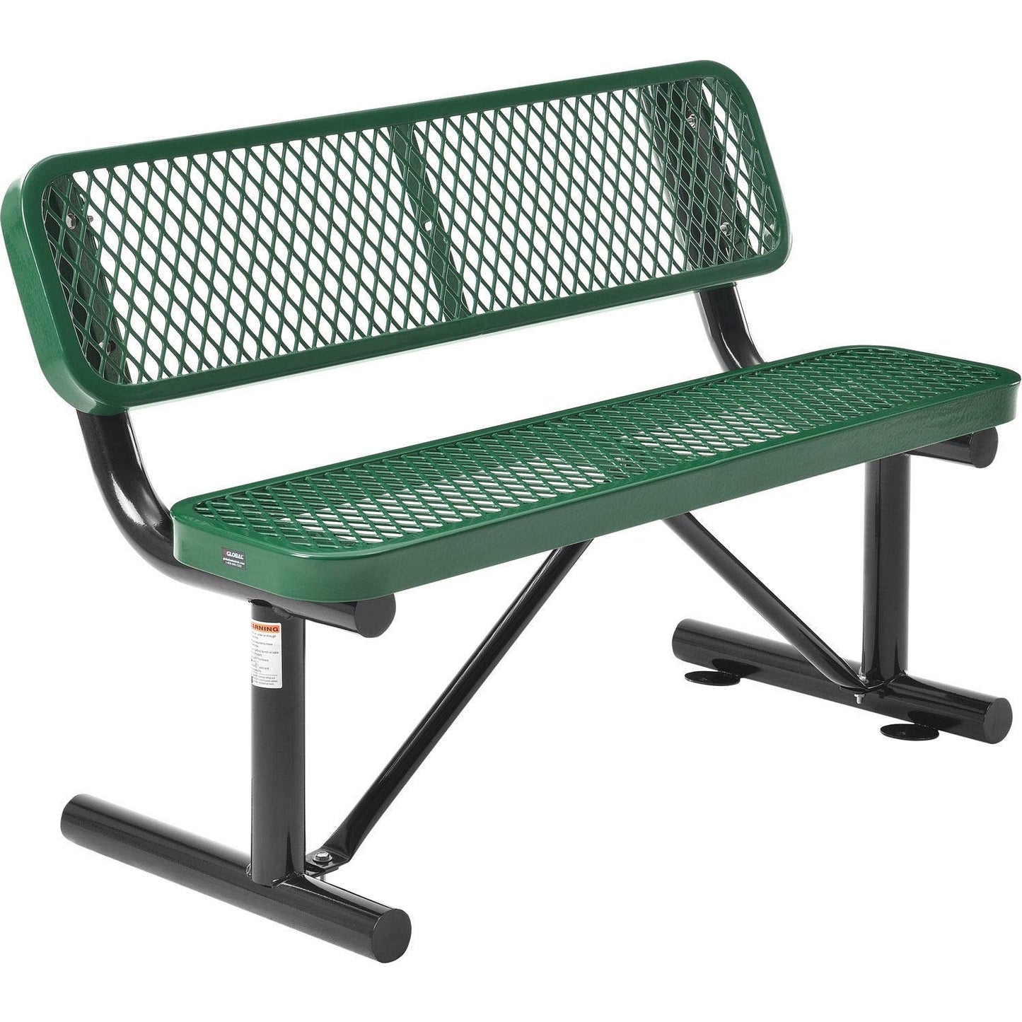 Global Industrial 4'L Heavy Duty Expanded Metal Mesh Bench with Backrest with Steel Frame, Portable Outdoor Bench, 1000 lbs Capacity, Green, 48" L x 24" W x 33" H