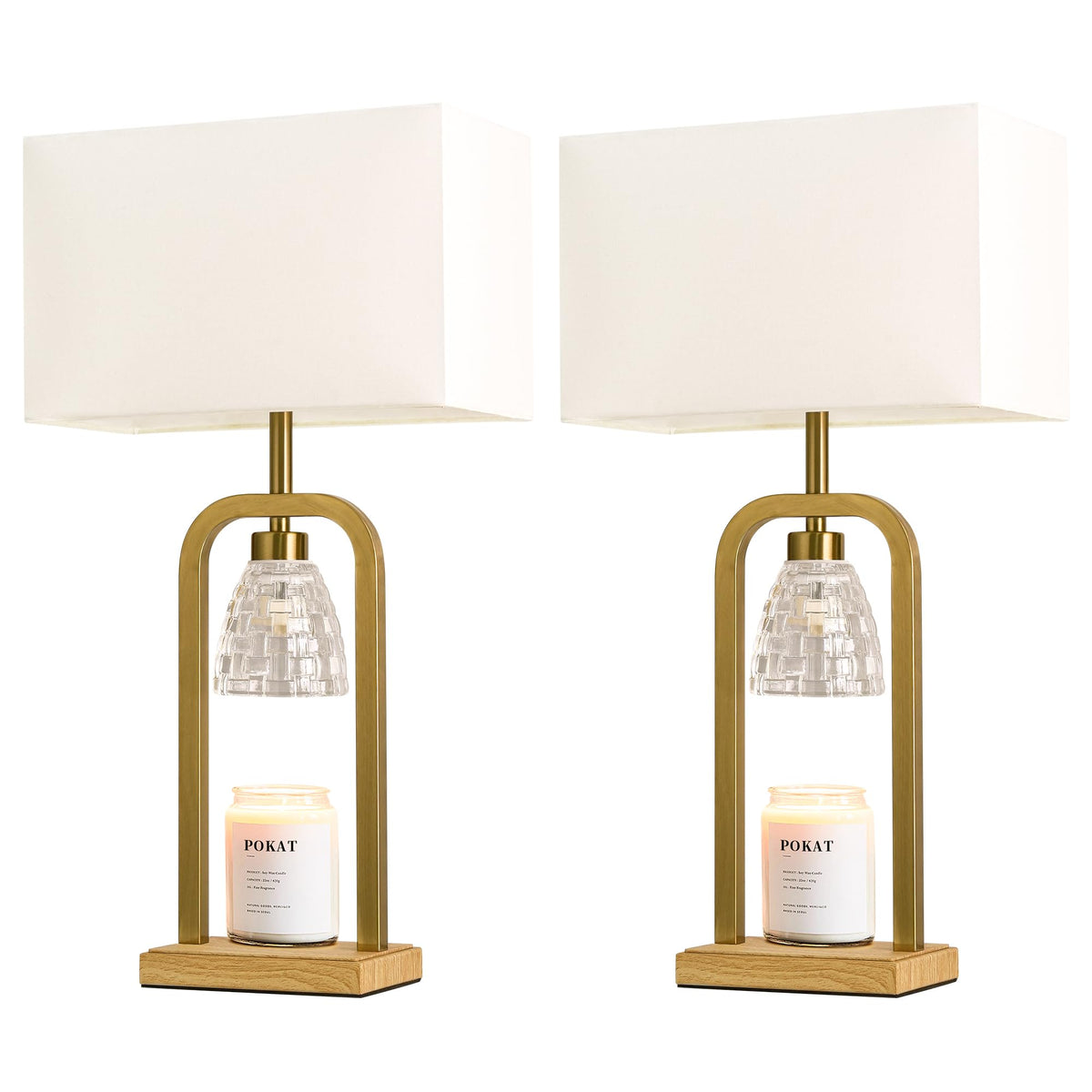 PoKat Electric Candle Warmer Lamps Gold, Lamp Candle Warmers with Timer Dimmer, Wax Light Warming Table Lamps Set of 2 for Jar Candles, Modern Bedside Lamp for Home Decor Living Room, Bulb Included