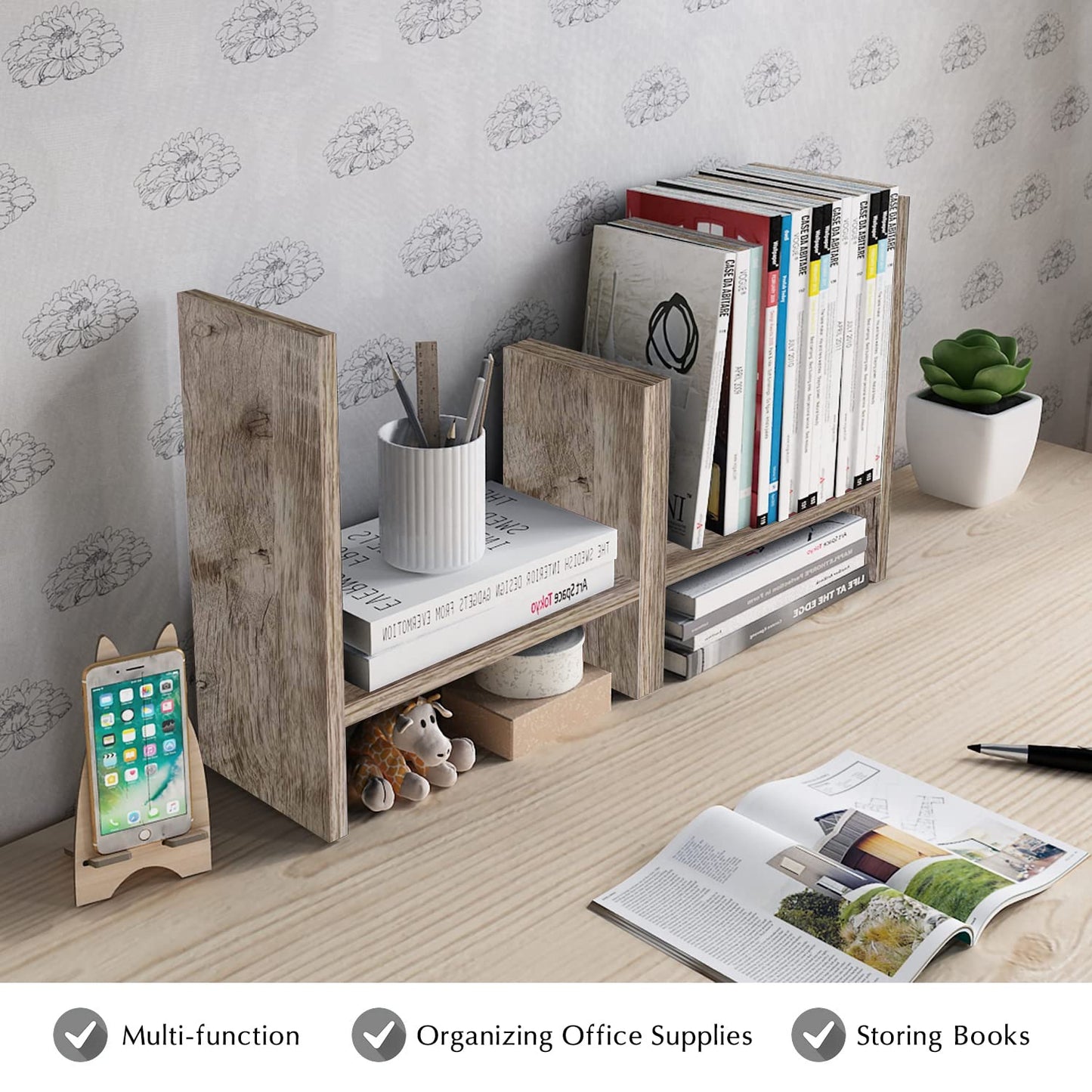Jerry & Maggie Desktop Organizer Office Storage Rack Adjustable Wood Display Shelf Free Style Double H, Multi-Functional Mini Bookshelf for Desk Natural Stand (Gray Oak)