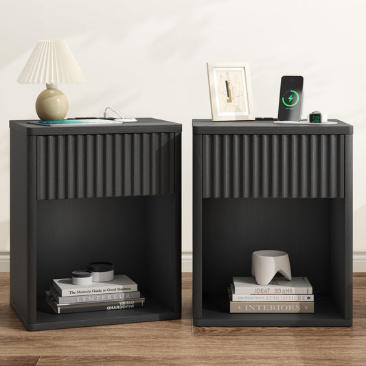 Fluted Black Nightstands Set of 2 w/Charging Station, Wooden End Table Bed Side Table with Curved Drawer, Mid Century Modern Fluted Night Stand with Rounded Edge for Bedroom, Living Room