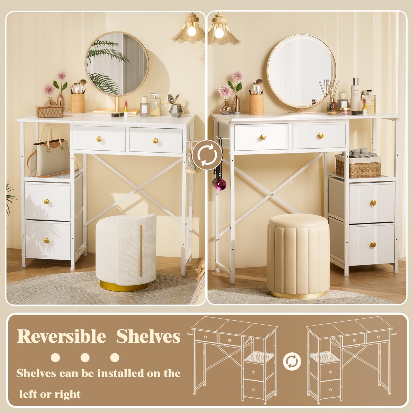 3IngSeagulls White Vanity Desk Without Mirror, Small Makeup Desk with 4 Fabric Drawers, 33.5 Inches Dressing Table with Storage, Vanity Table for Bedroom with Hook, White