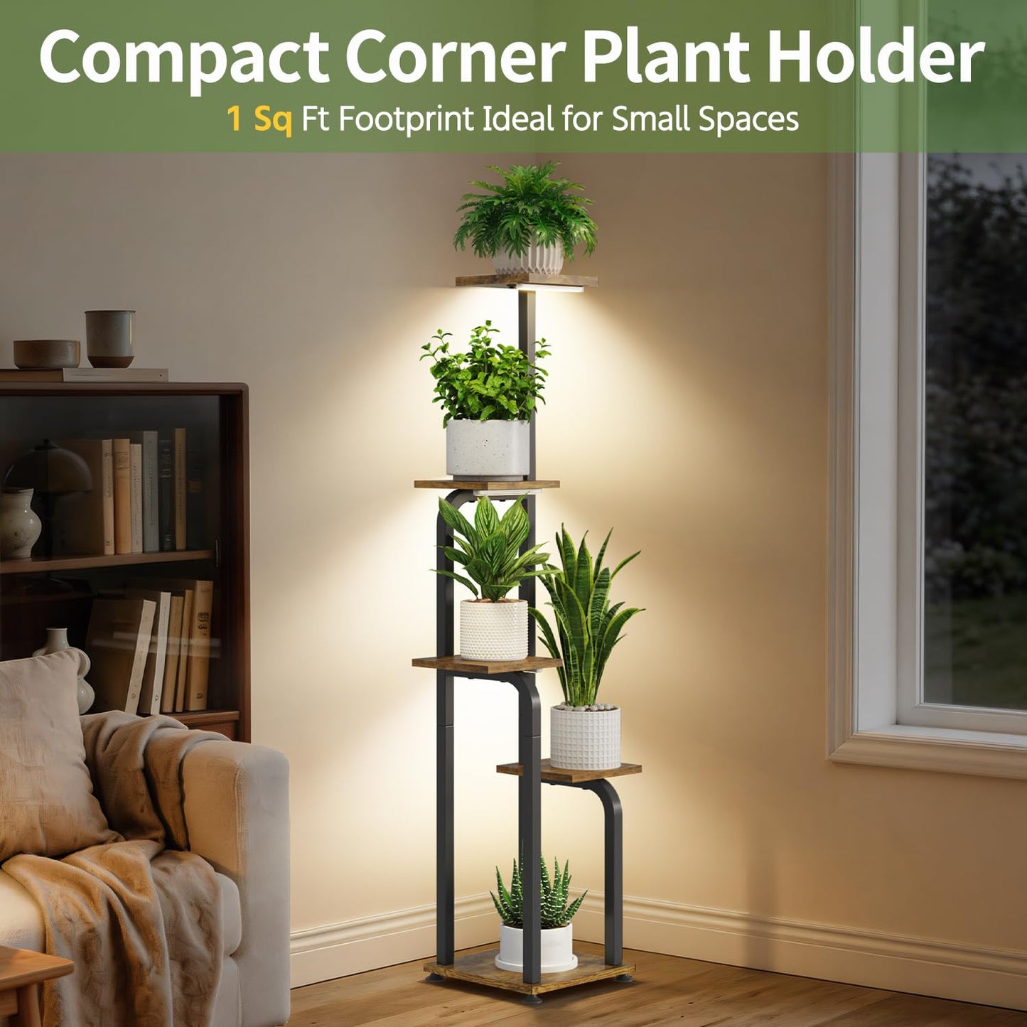 LASZOLA 5 Tiered Plant Stand Tall for Indoor Corner with Grow Lights, Modern Multiple Flower Display Rack with Wooden Tray, Vertical Planter Shelf for Living Room Bedroom Patio Garden Balcony, Black