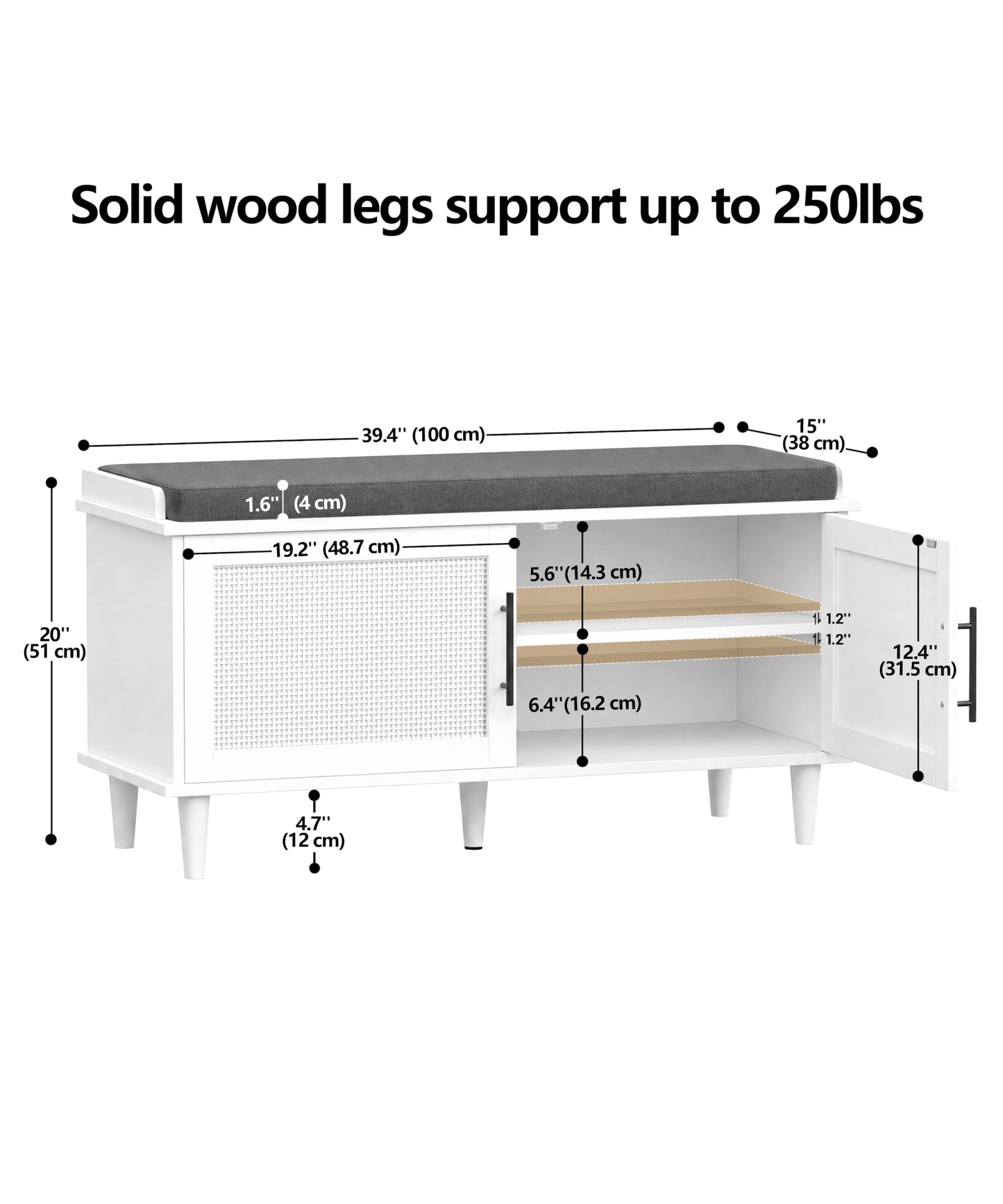 Akxomel Rattan Shoe Storage Bench with Cushion, 2-Tier Entryway Bench with Adjustable Shelves and 2 Doors, 15" D x 39.4" W x 20" H, Solid Wood Legs, for Hallway, Living Room, Bedroom, White