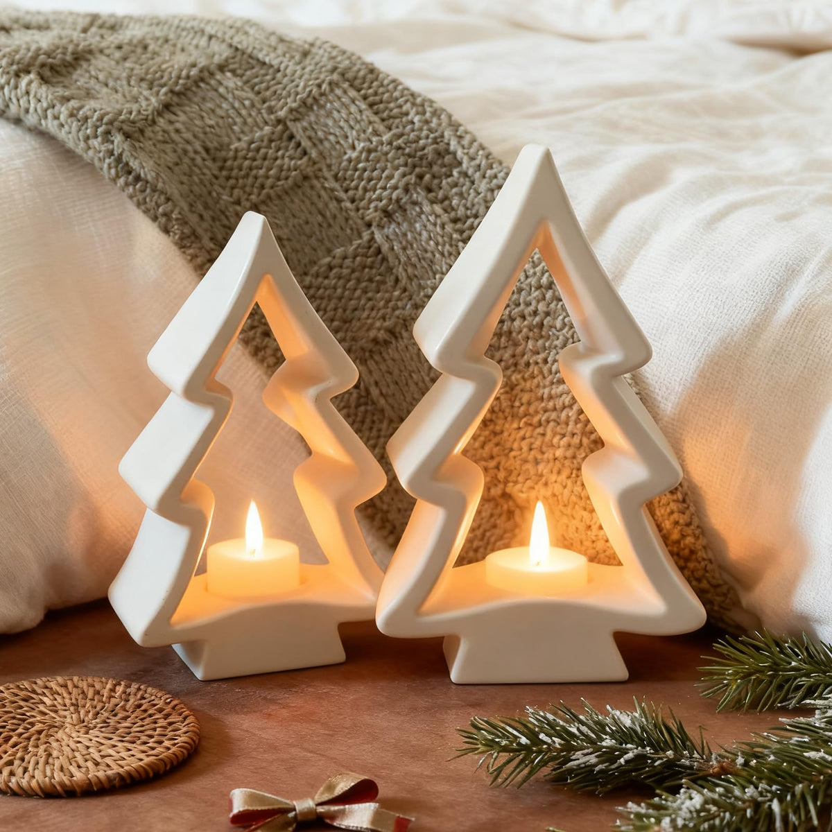 AceOrbit 2 Pcs Christmas Tree Candle Holders White Wooden Tealight Holders Wooden Farmhouse Rustic Candle Stick Xmas for Christmas Table Centerpiece Mantel Decor