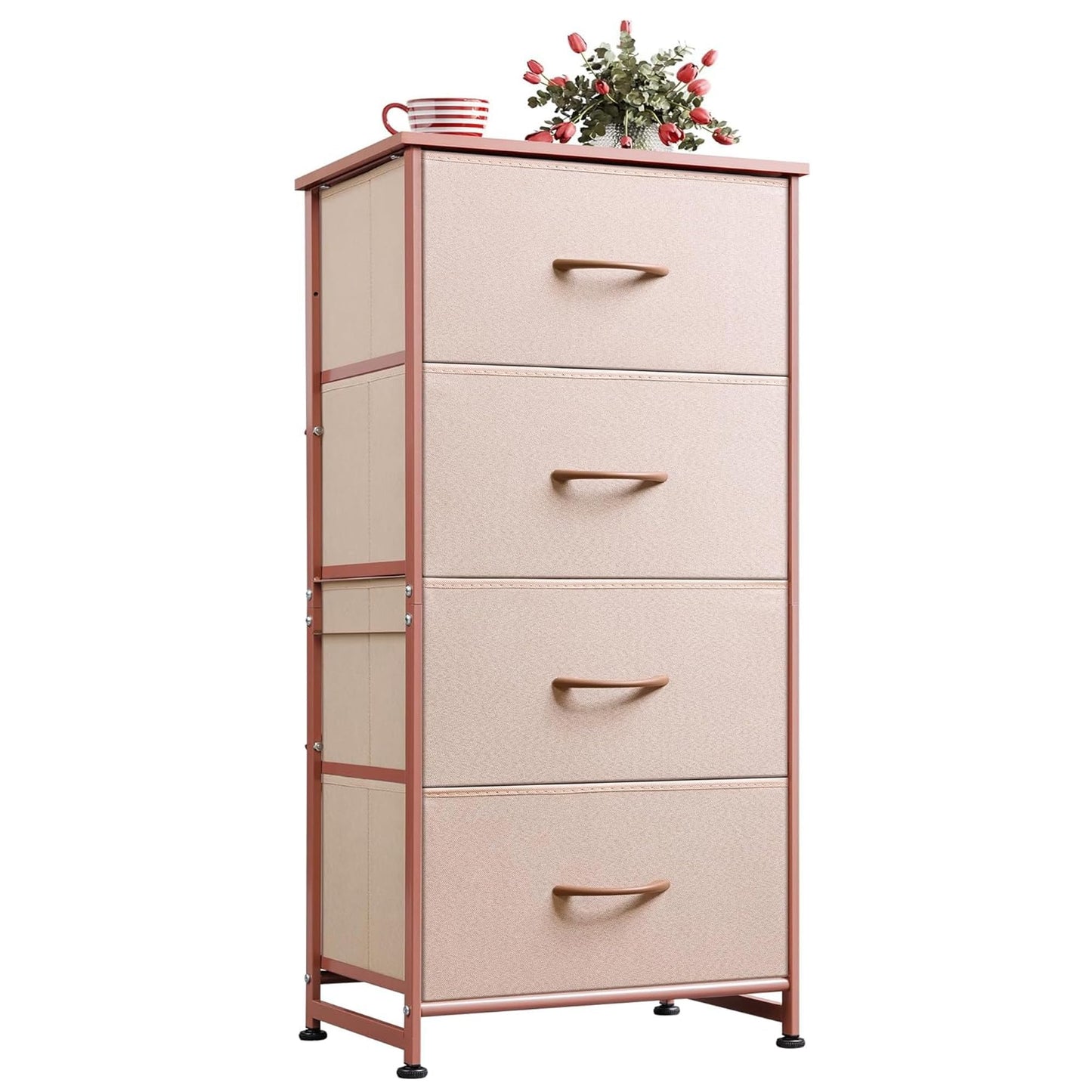 WLIVE 4 Drawers Dresser for Bedroom, Pink Rose Gold Fabric Clothes Storage Organizer Unit, Dresser for Hallway, Entryway, Closets, Sturdy Steel Frame, Wood Top