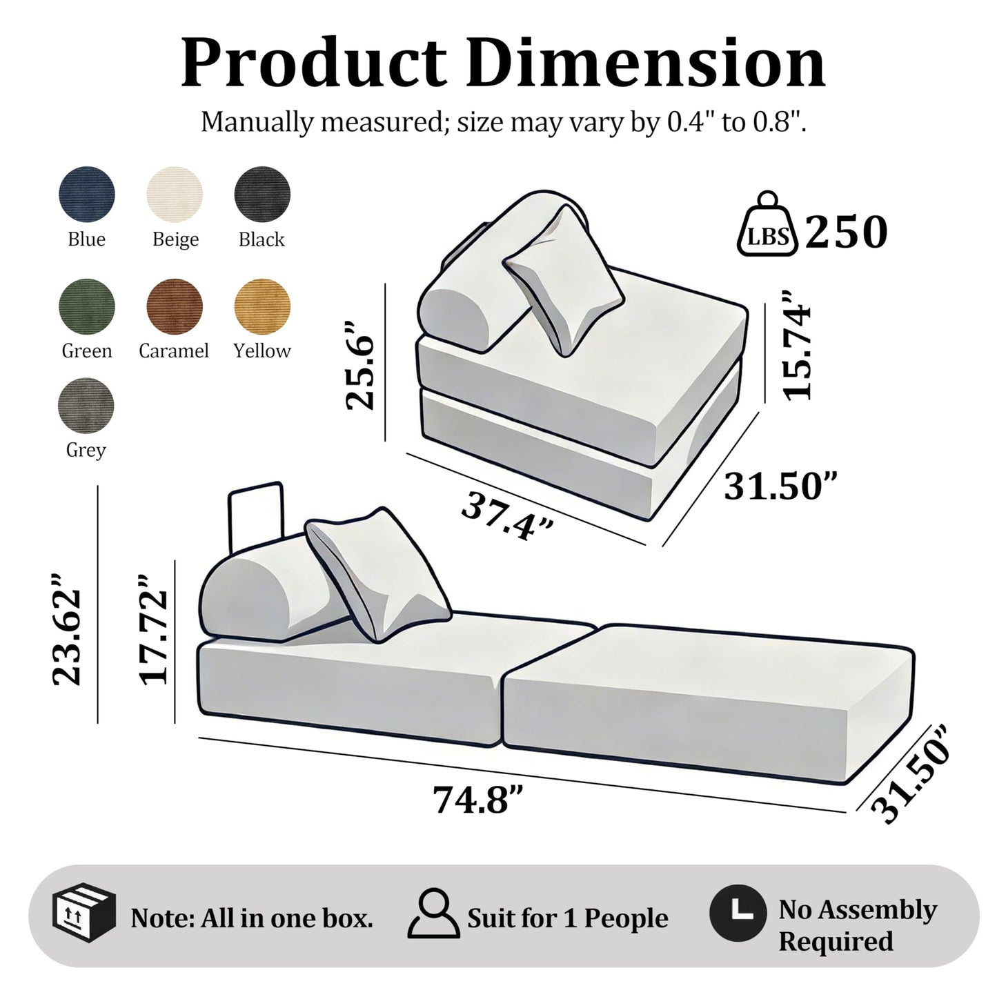 31.5'' Convertible Compressed Corduroy Folding Cloud Sofa Bed, Modern Boneless Pull Out Sleeper Sofa Couch in a Box, 3 in 1 Portable Lazy Floor Lounge Chair, No Assembly Needed, Beige, Pillow, Single