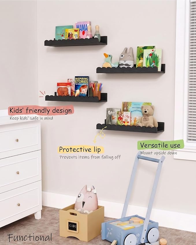 Harwaya Black Floating Nursery Wall Book Shelves Set of 4, Scalloped Shelves