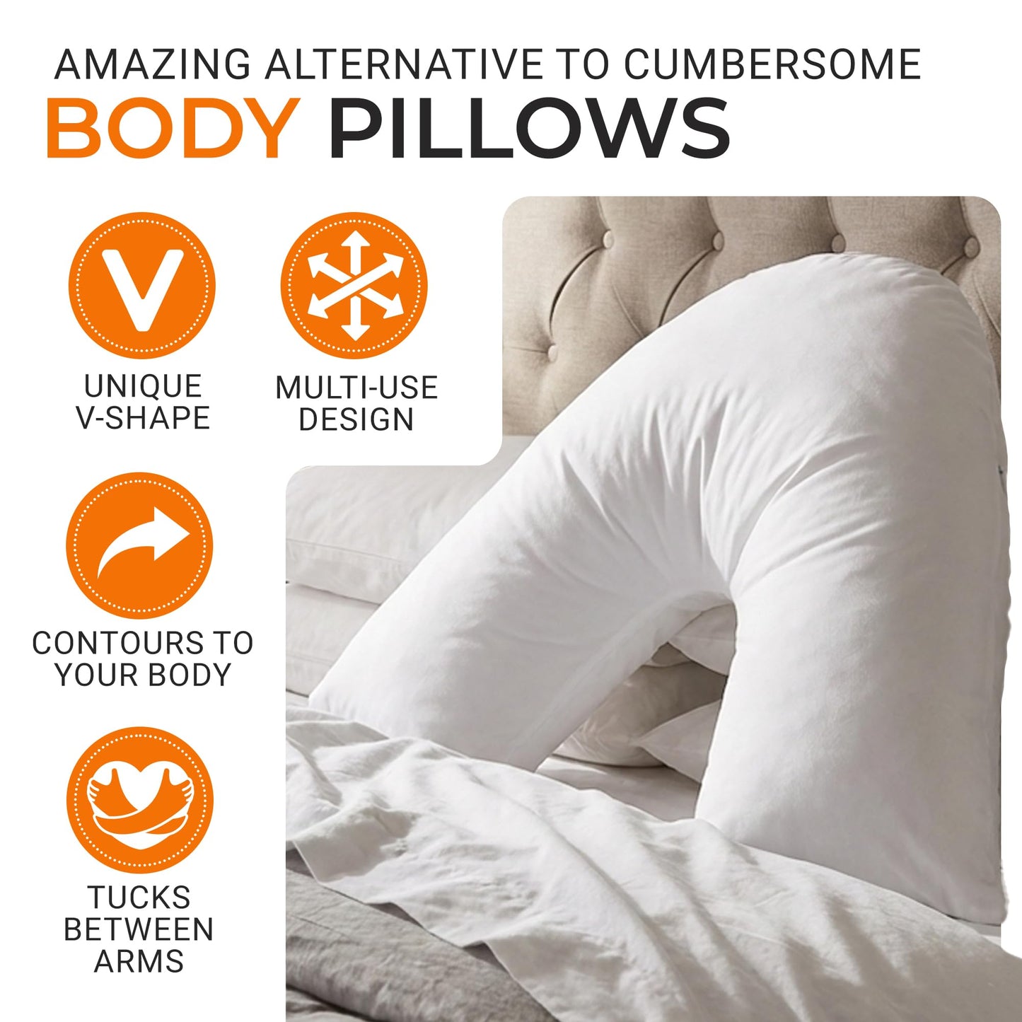 Cheer Collection Oversized V-Shaped Pillow, L-Shaped Pillow for Neck and Shoulder Support, Curved Body Pillow with Removable Pillowcase