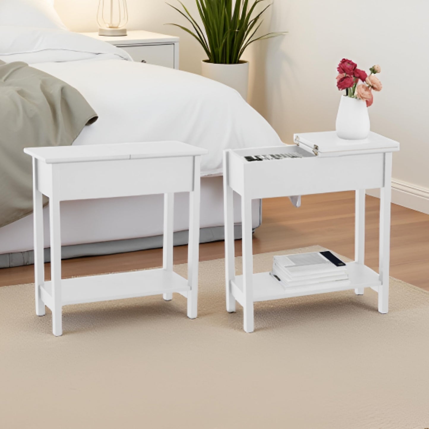 Flip Top Console Table – Set of 2 White End Tables with Hidden Hinged Storage Compartment and Lower Shelf for Living Room or Bedroom by Lavish Home