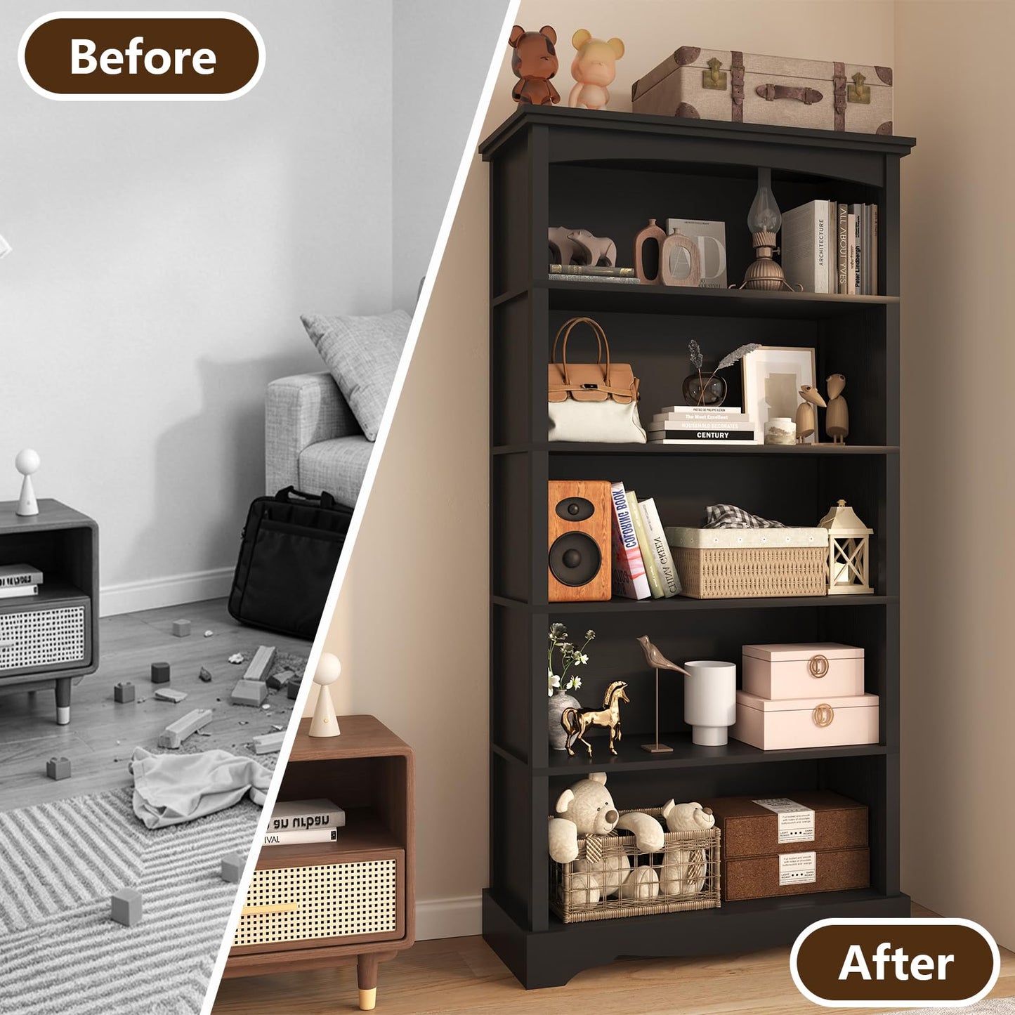 TVU 5-Tier Wooden Bookshelf, 31.5" W x 65" H ×9.9" D Bookshelf with Storage, Floor Standing Modern Style Display Bookcase for Living Room, Office, Study Room, Entryway, Black