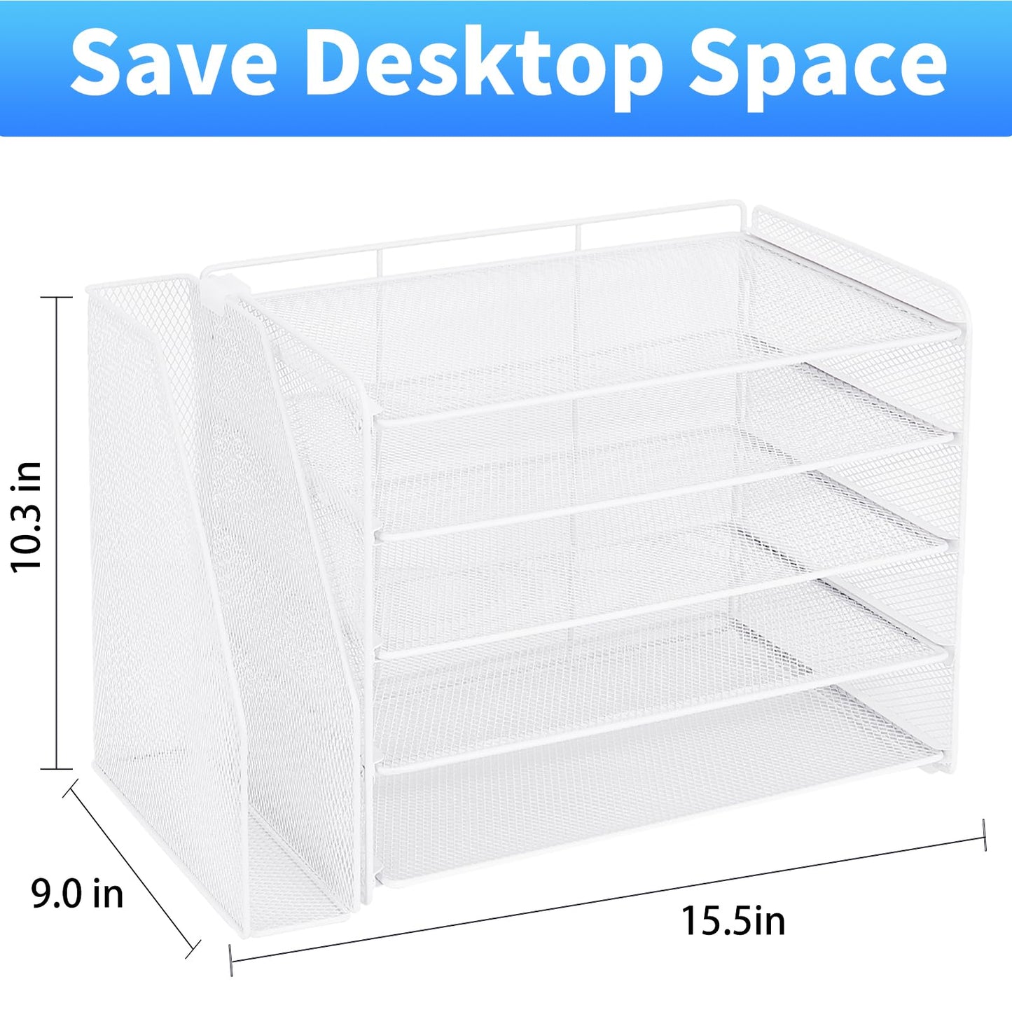 OPNICE Desk Organizer, 5-Tier Paper Organizer Letter Tray with Magazine Holder, Office Desk Accessories & Workspace Organizers, Desktop File Organizer for Office Supplies Storage, White