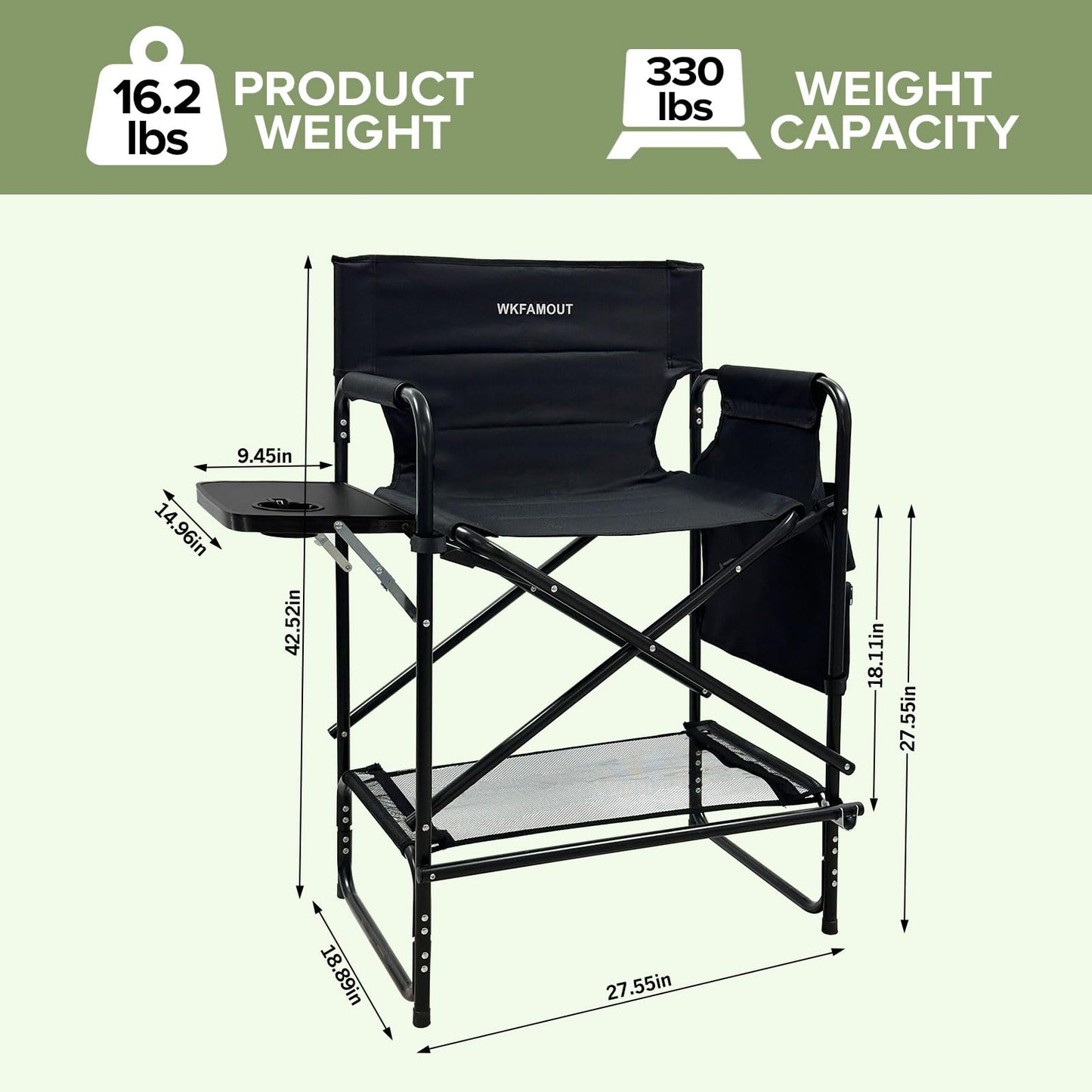 WKFAMOUT 27" Tall Camping Director Chair Oversized with Side Table, Heavy Duty Folding Lawn Chair Outdoor for Makeup Artist, Sports Event, Supports 330LBS