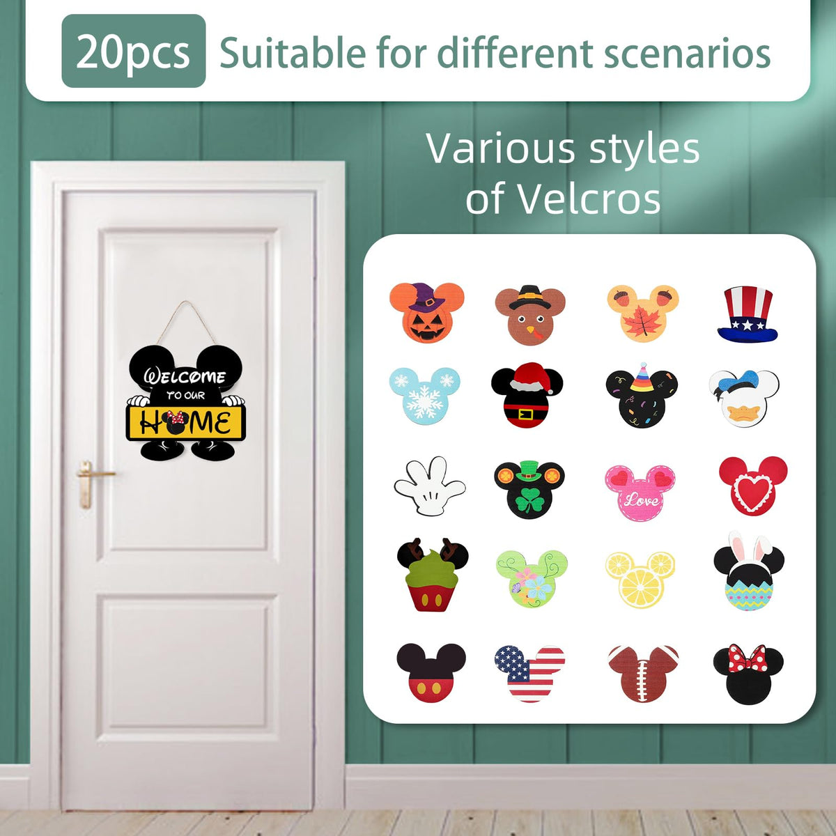 FUEMEILY Cute Mouse Seasonal Interchangeable Welcome Door Sign, Welcome to Our Home Sign with 20pcs Interchangeable Holiday Pieces for Farmhouse/Wall/Porch Decor and Housewarming Gift (Yellow)