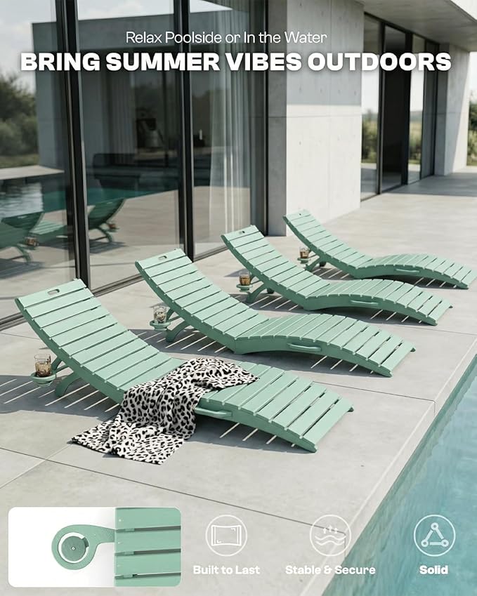 Folding HDPE Pool Lounge Chairs Set of 2, Pre-Assembled Outdoor Chaise Lounge
