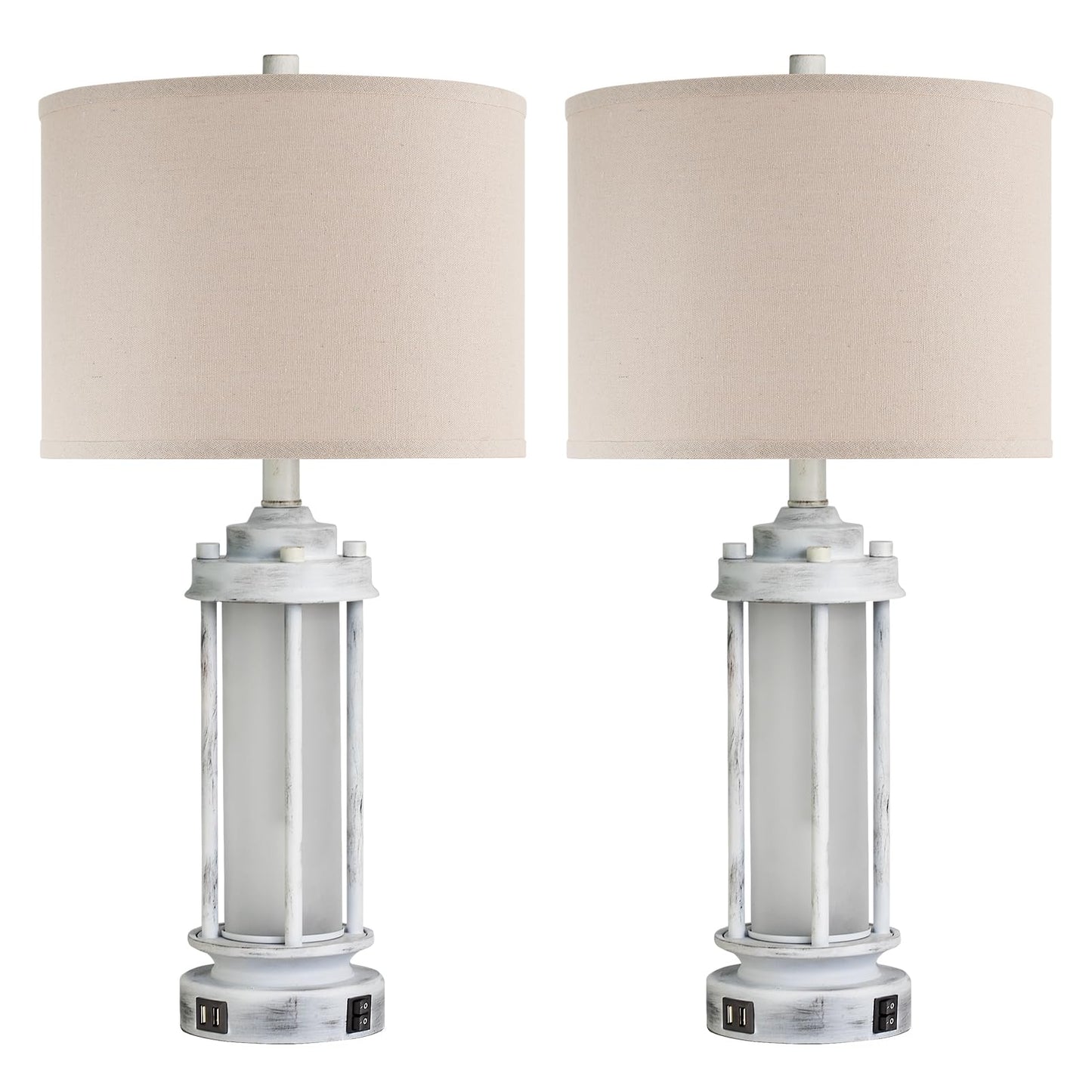 AIEAMPDO 25" Set of 2 Antique White Rustic Table Lamps 2 USB C+A Ports