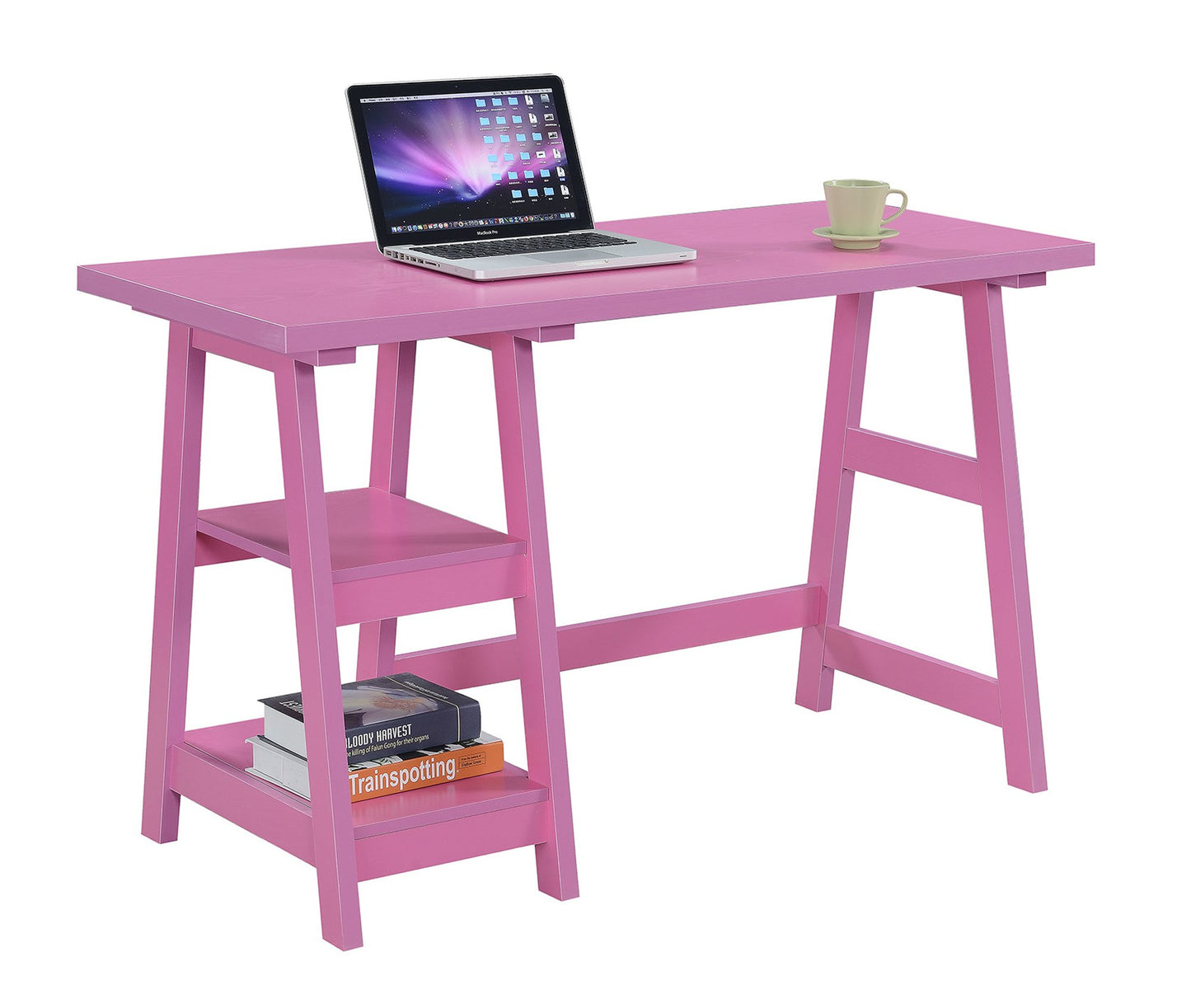 Convenience Concepts Designs2Go Trestle Desk 47" - Modern Desk or Vanity with Shelves, for Office, Dorm, Living Room, Pink