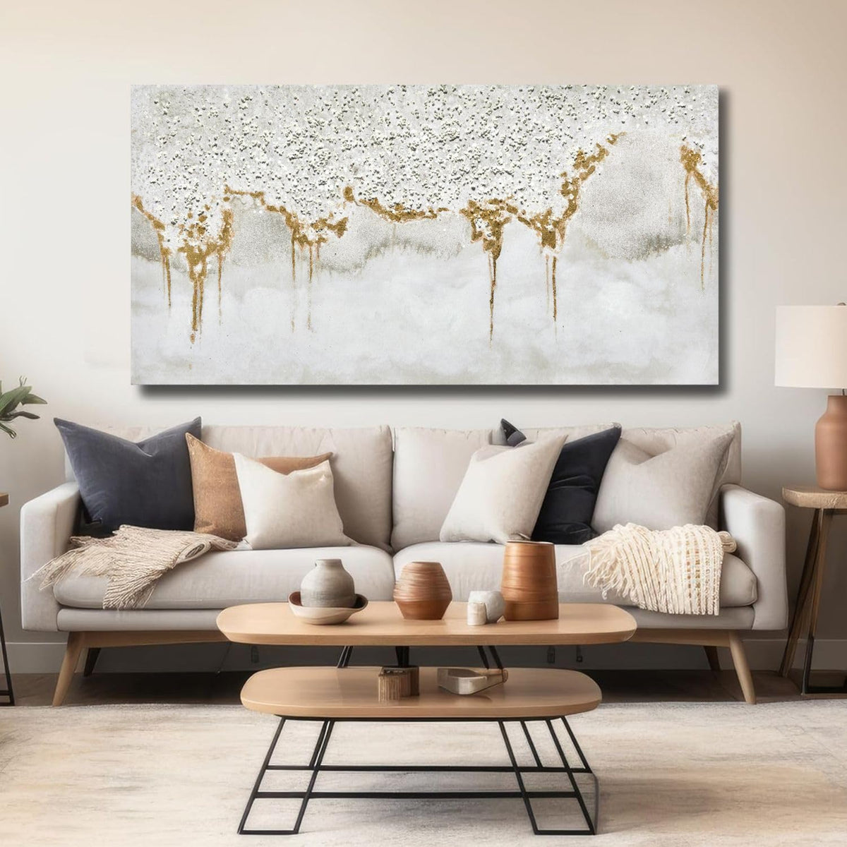 TRAIN2 ART Textured Abstract Glitter Artwork Canvas Wall Art, White Acrylic Painting and Gold Foil Oil Painting Wall Art on Canvas for Living Room Decor Gold and Gray (Gold, 24X48inch)