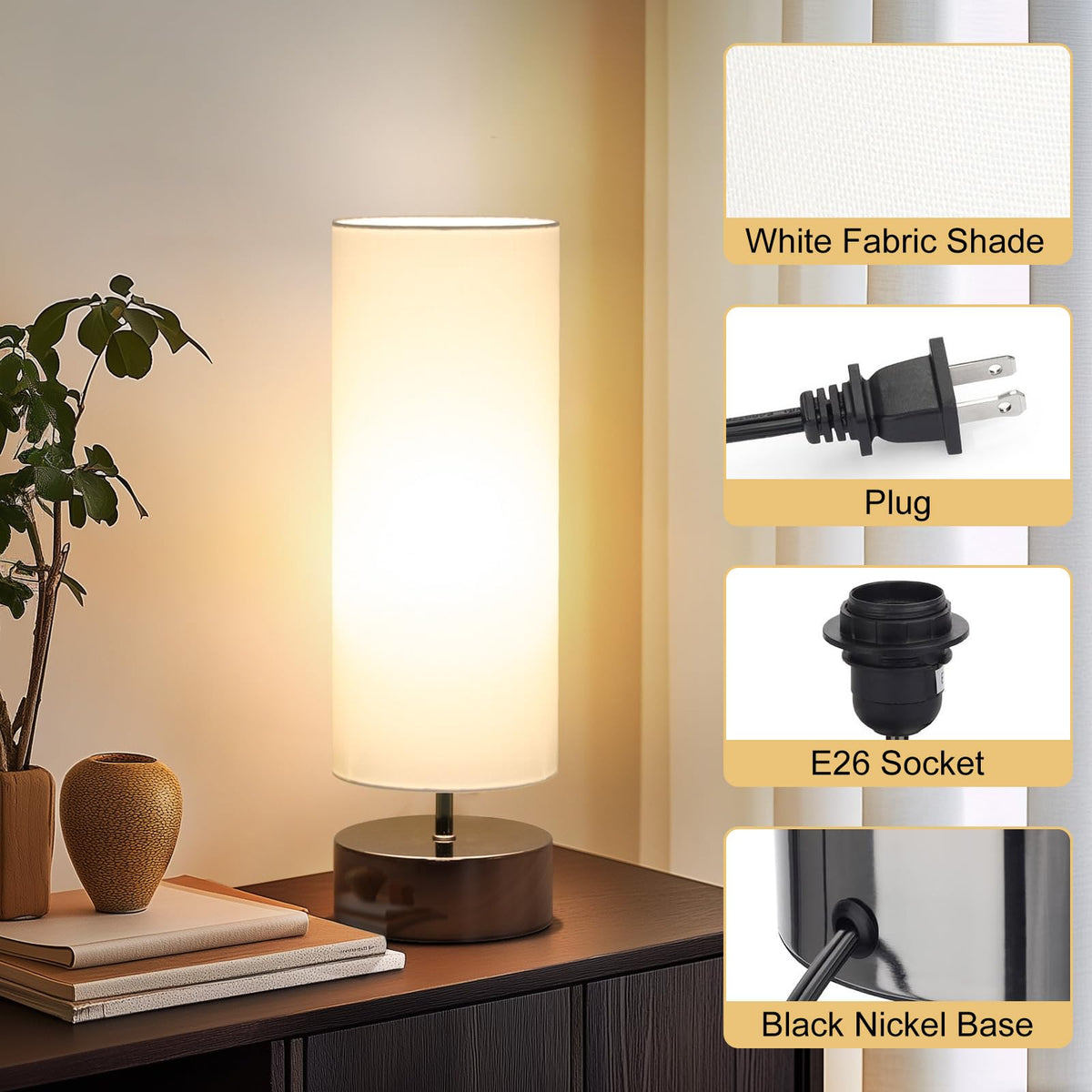 Touch Table Lamp, 3-Way Dimmable Modern Minimalist Accent Bedside Lamp with Cylinder Fabric Shade, Night Light Nightstand Desk Lamp for Bedroom Living Room Kitchen, 9W LED Bulb Included