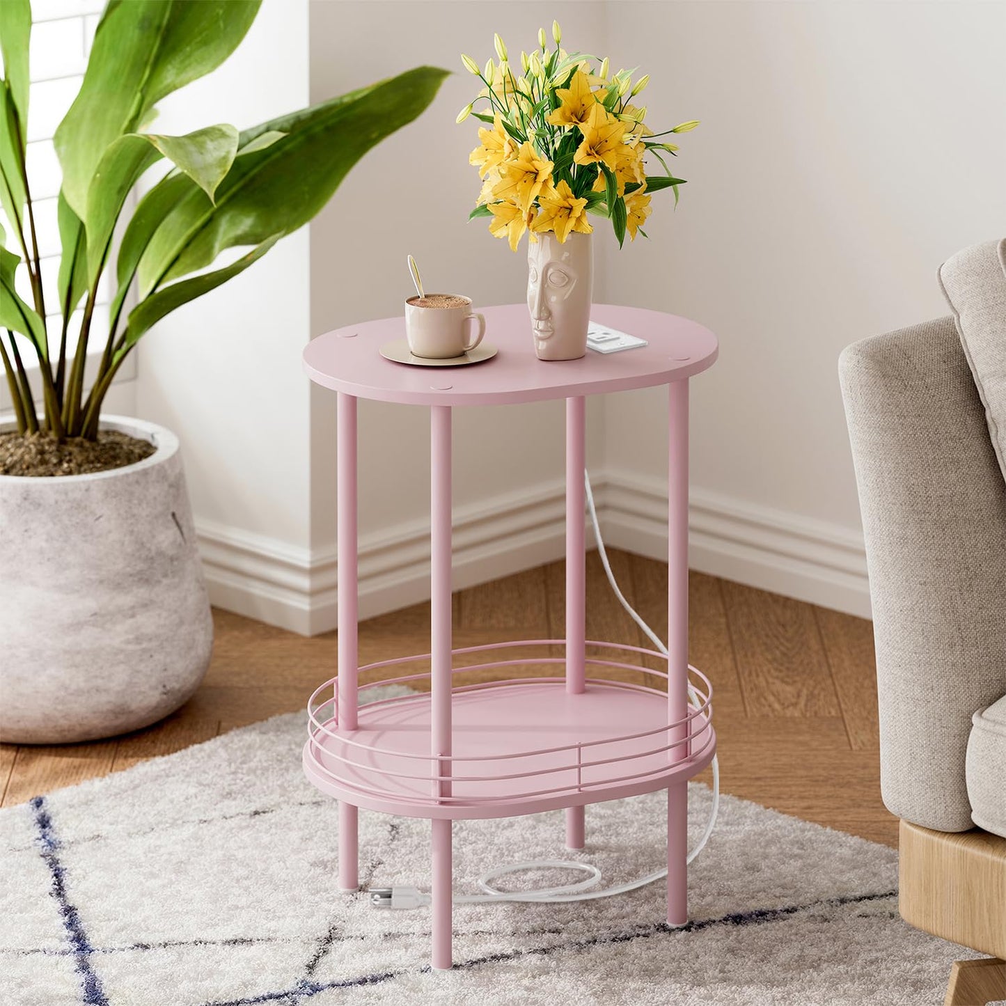 DGSANDGO Pink Side Table with Charging Station,Side Tables Living Room,Nightstand with USB Ports and Outlets,Samll End Table for Small Space,Living Room,Bedroom, Nursery,(1PC,Pink)