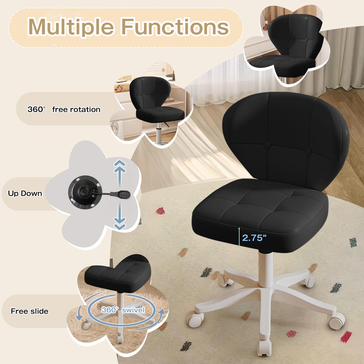Walktory Vanity Chair with Back – Small Armless Office Chair with Wheels, Lumbar Support, PU Leather, Adjustable Height, 360° Swivel for Home, Bedroom, Office Black Set of 1