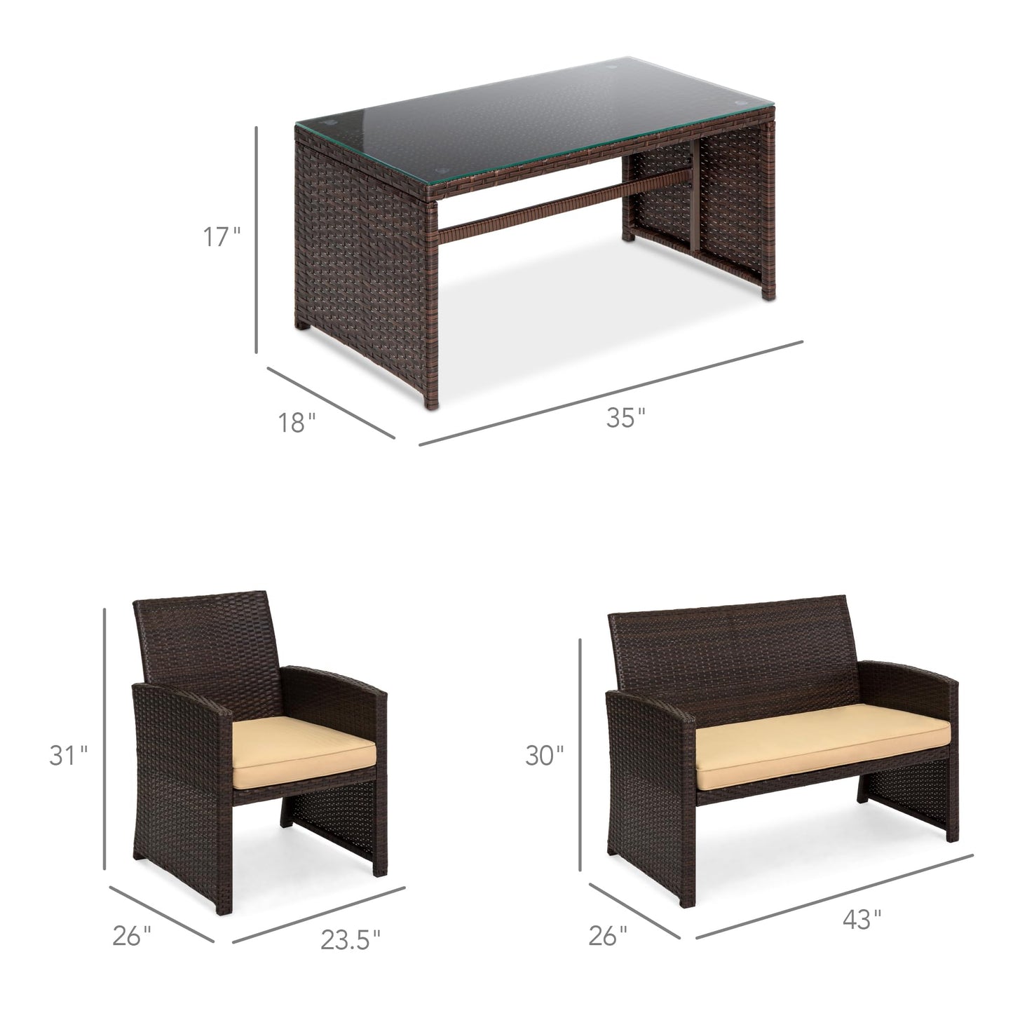 Best Choice Products 4-Piece Outdoor Wicker Patio Conversation Furniture Set for Backyard w/Coffee Table, Seat Cushions - Brown/Beige