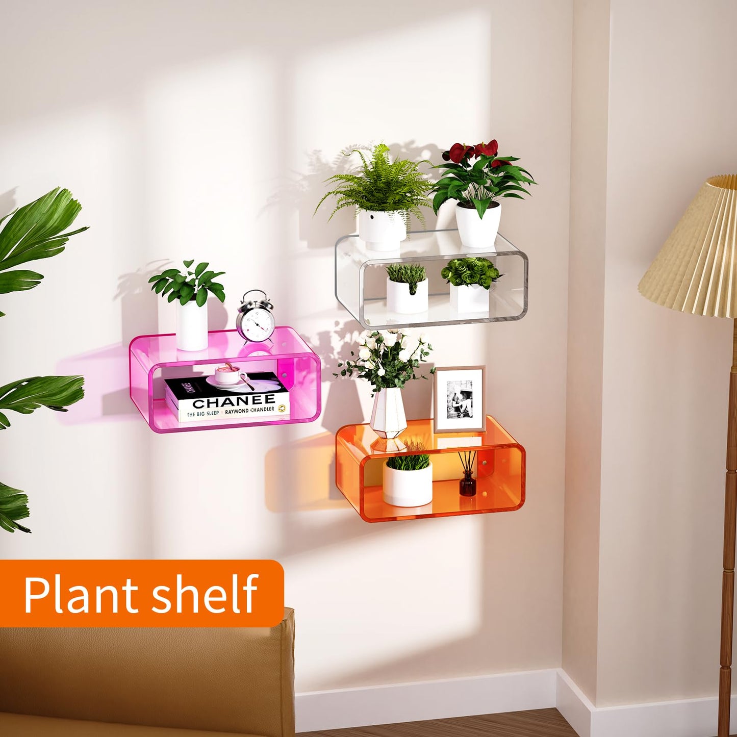 Acrylic Floating Nightstand, Bedside Table, Nightstand Shelf Wall Mounted Bedside Shelf (Orange, Small)