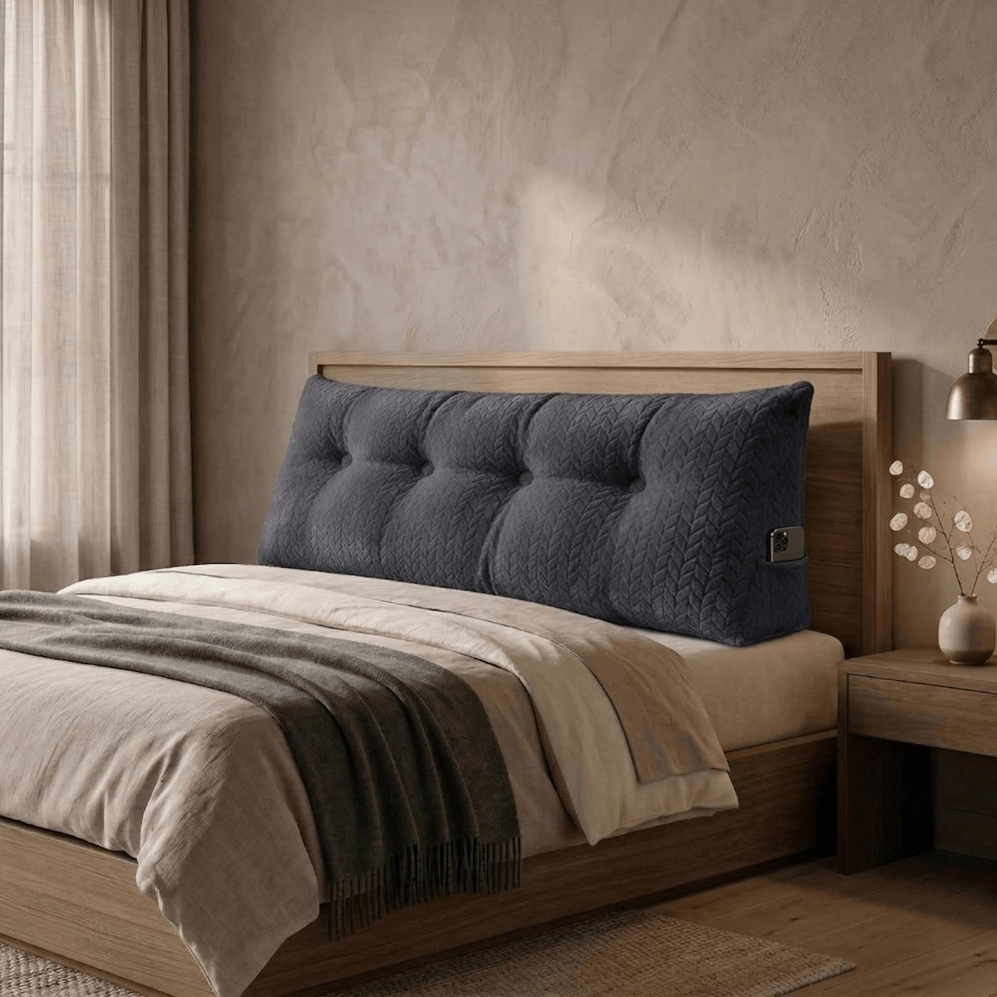 DVUAY Headboard Pillow Full Size, Reading Pillow for Bed, Leaf Pattern Wedge Pillow, Tufted Backrest Support, Headboard Substitute, Darkgray