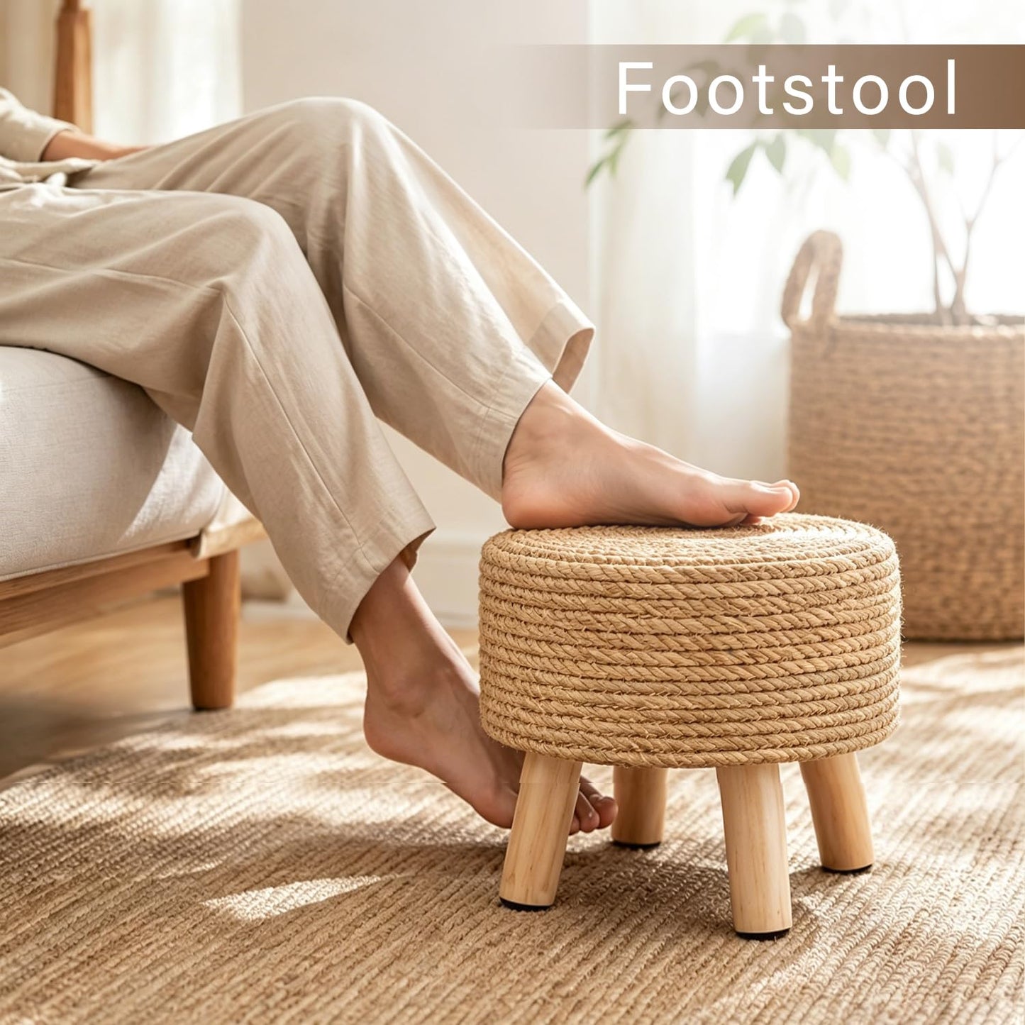 Wimarsbon Round Foot Stool Natural Seagrass Poufs Ottoman Hand Weave Footrest Stool for Couch Desk Extra Seat Step Stool with Solid Wood Legs for Hallway Patio Lounge Natural