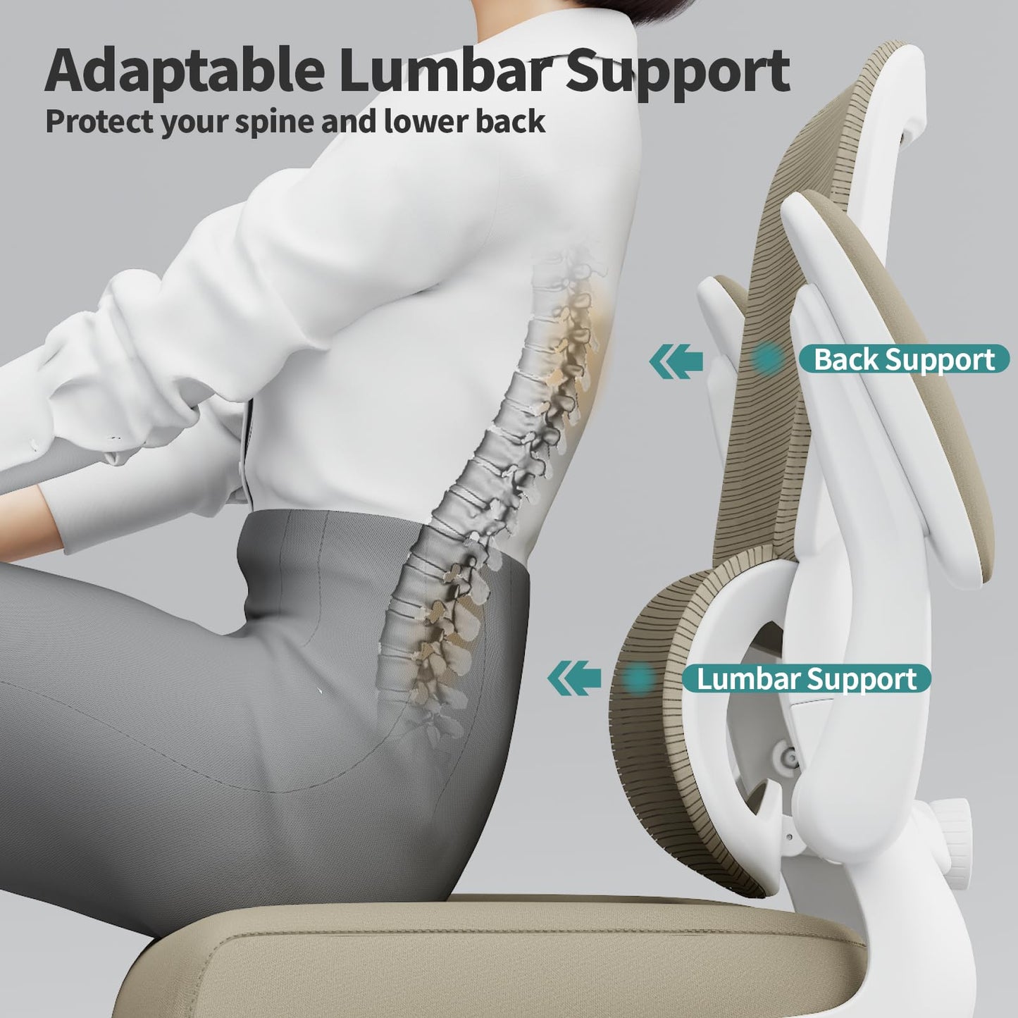 TRALT Office Chair - Ergonomic Desk Chair with Adjustable Lumbar Support, Mesh Computer Chair, Executive Chairs for Home Office Comfortable Lumbar Support,Khaki