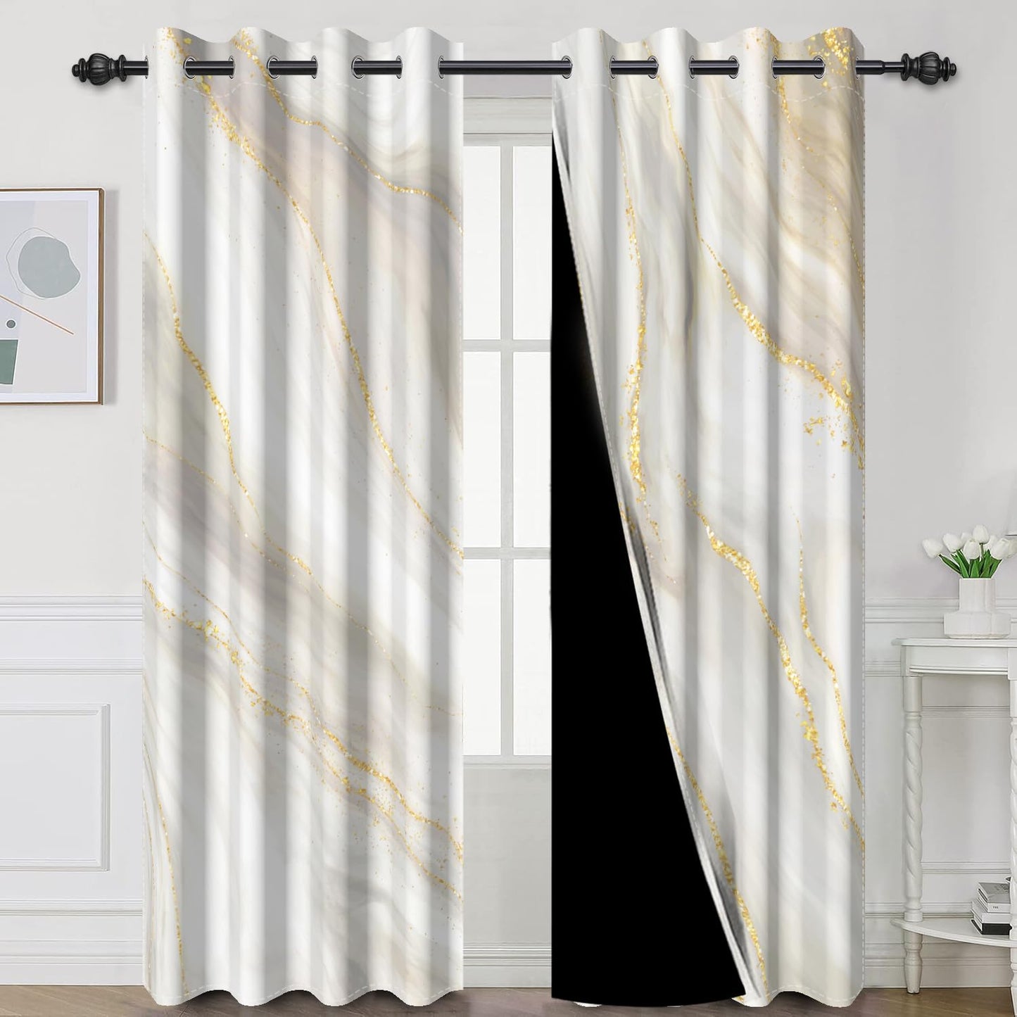 DASHAN White Gold Marble Blackout Curtains for Bedroom 84 inch Long 2 Panels Elegant Luxury Window Curtains for Living Room Grey Beige Room Darkening Curtains Window Treatment Drapes 52Wx84L