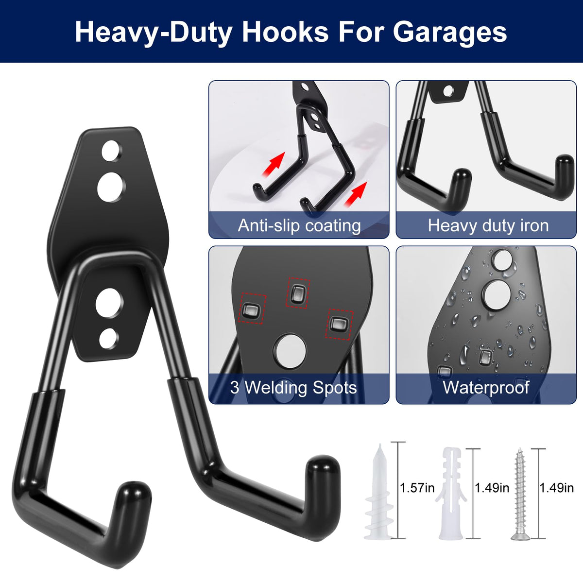 PVZZRKL 18 Pack Garage Hooks, Anti-Slip Coating, Hooks for Hanging Heavy Duty for Garages, Bicycles, Ladders, Gardening, Tools, Including 3 Organizing Straps
