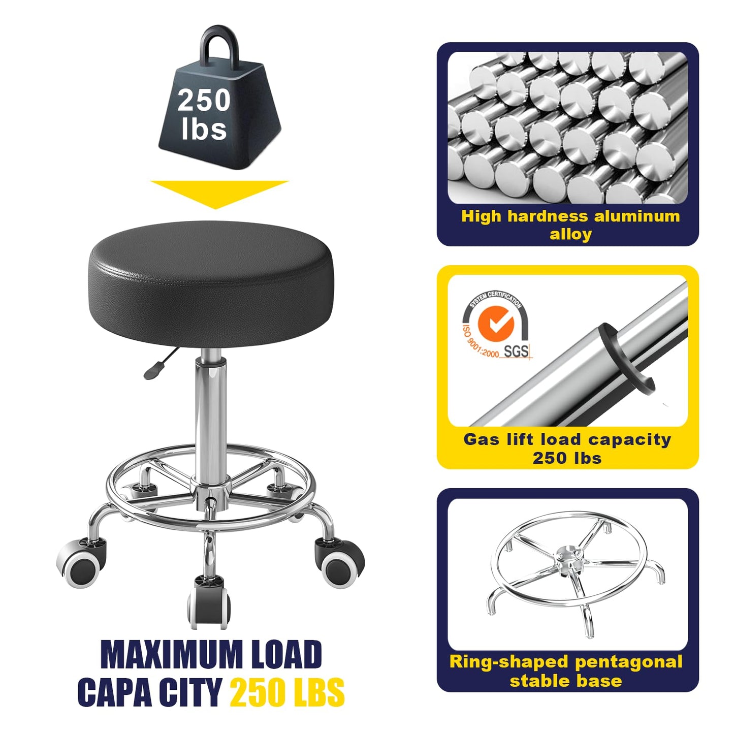 Rolling Stool, Heavy Weight Capacity 250lb, PU Leather Rolling stools, Ultra Soft Padded Seat, Rolling Stools with Wheels and Footrest, 360° Swivel, Spa Drawing Salon Work Office Tattoo Stool (black)