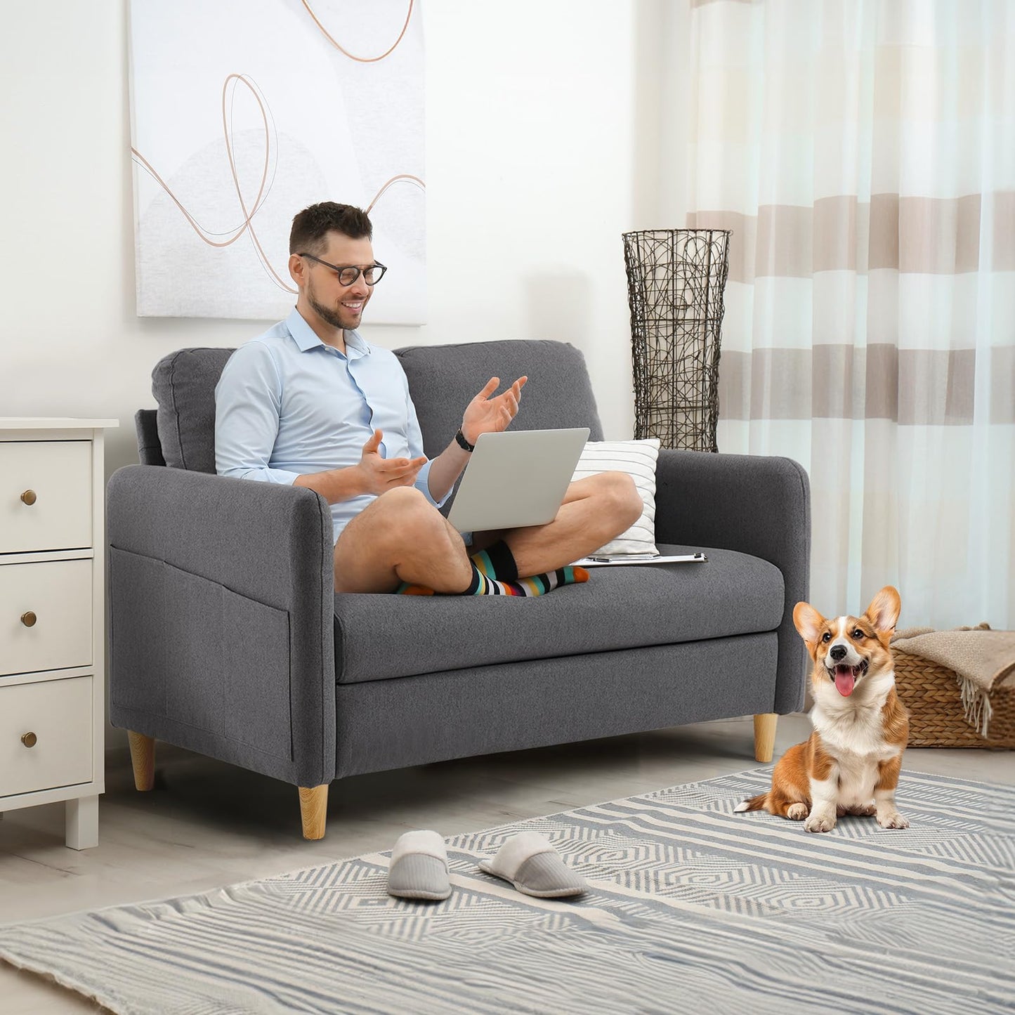 VINGLI 47" Small Couch, Dark Grey Linen Loveseat Sofa Mini Couch Mid Century Modern Decor Love Seat for Small Spaces Living Room, Bedroom, Play Room