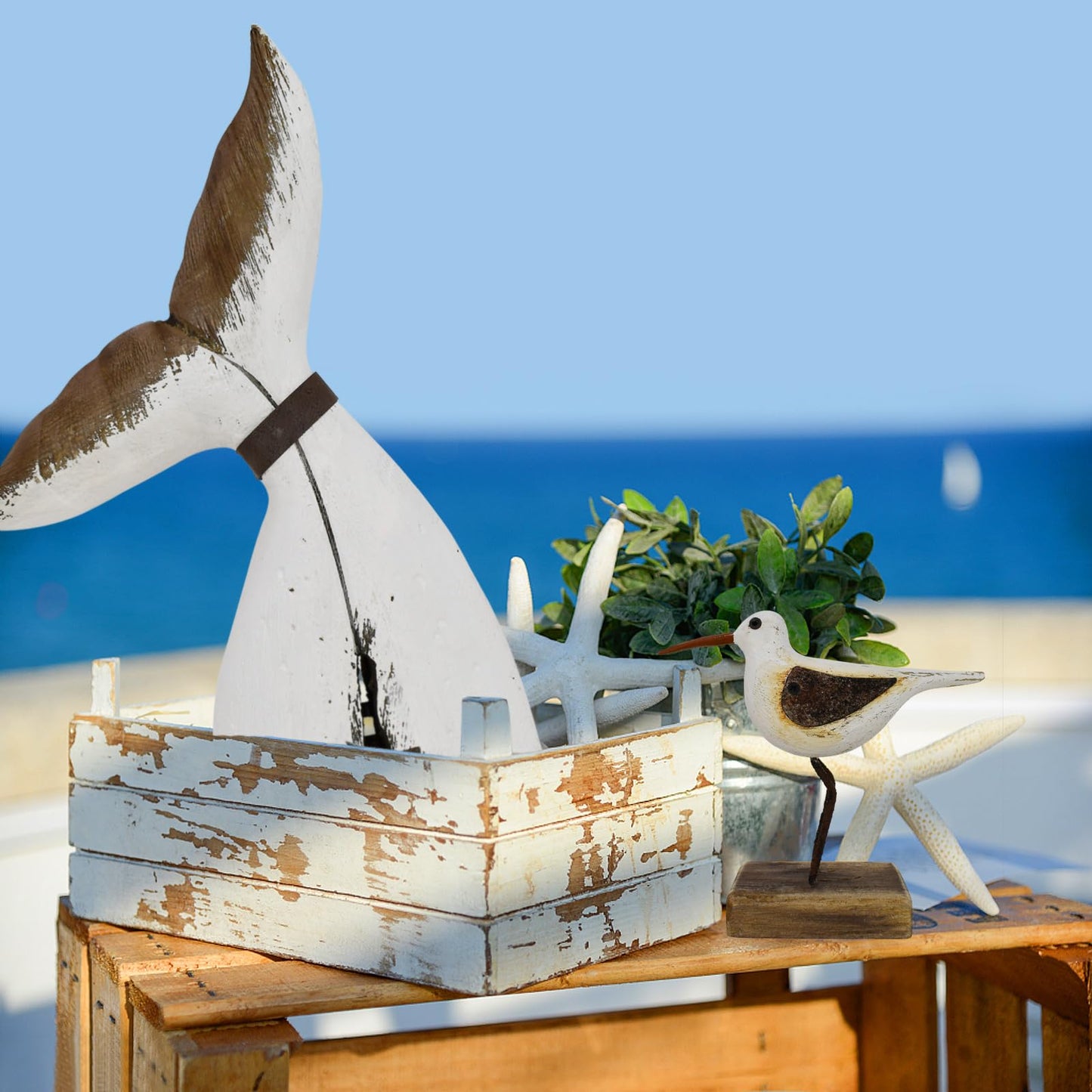 Morning View Wooden Sea Birds Decor Wood Seagull Statue Bird Figurines Seabird Statue Standing Seagulls Decorations Coastal Sculpture Nautical Beach Ocean Home Table Garden Yard Lawn Outdoor 4.1 Inch