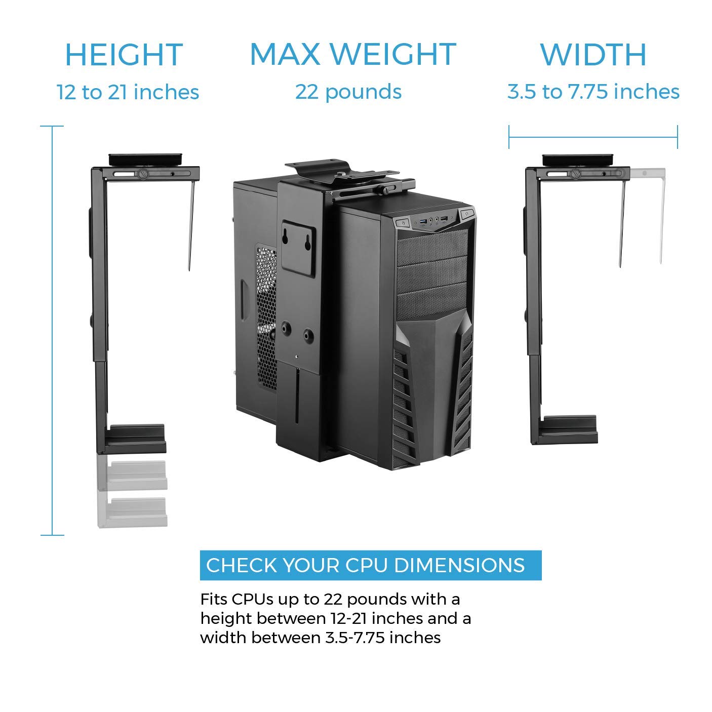 HumanCentric Adjustable Under Desk Computer Mount and Wall Mount, CPU Holder Fits Most PC or Computer Cases, Adjustable Height and Width, Full 360 Swivel, Up to 22 lb, Hardware Included