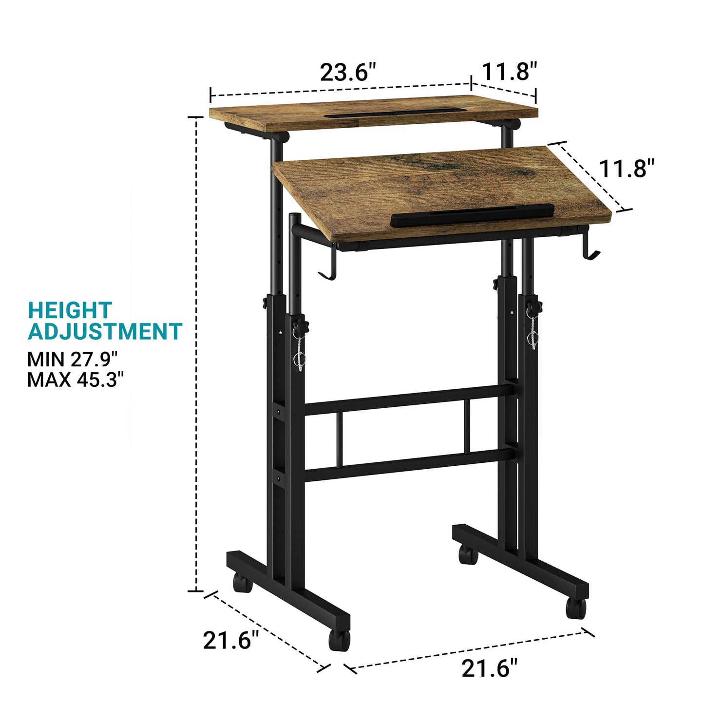 Klvied Small Standing Desk with Cup Holder, Height Adjustable Mobile Laptop Stand on Wheels, Ergonomic Rolling Computer Workstation for Home Office, Portable Overbed Table for Couch & Bed, Oak