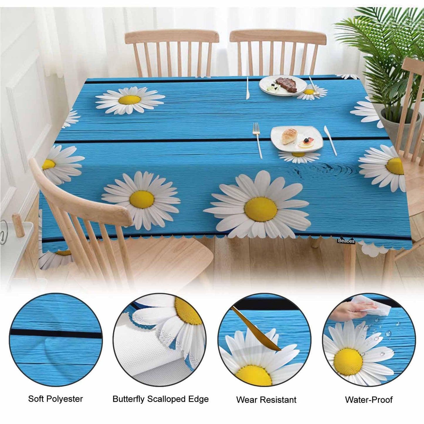 Beabes Tablecloth Daisy, Blossom Floral Daisy Chamomile Wood Blue Rectangular Table Cover Kitchen Table Cloth for Dining Hotel Coffee Parties Tabletop Decoration, 52x70 Inch