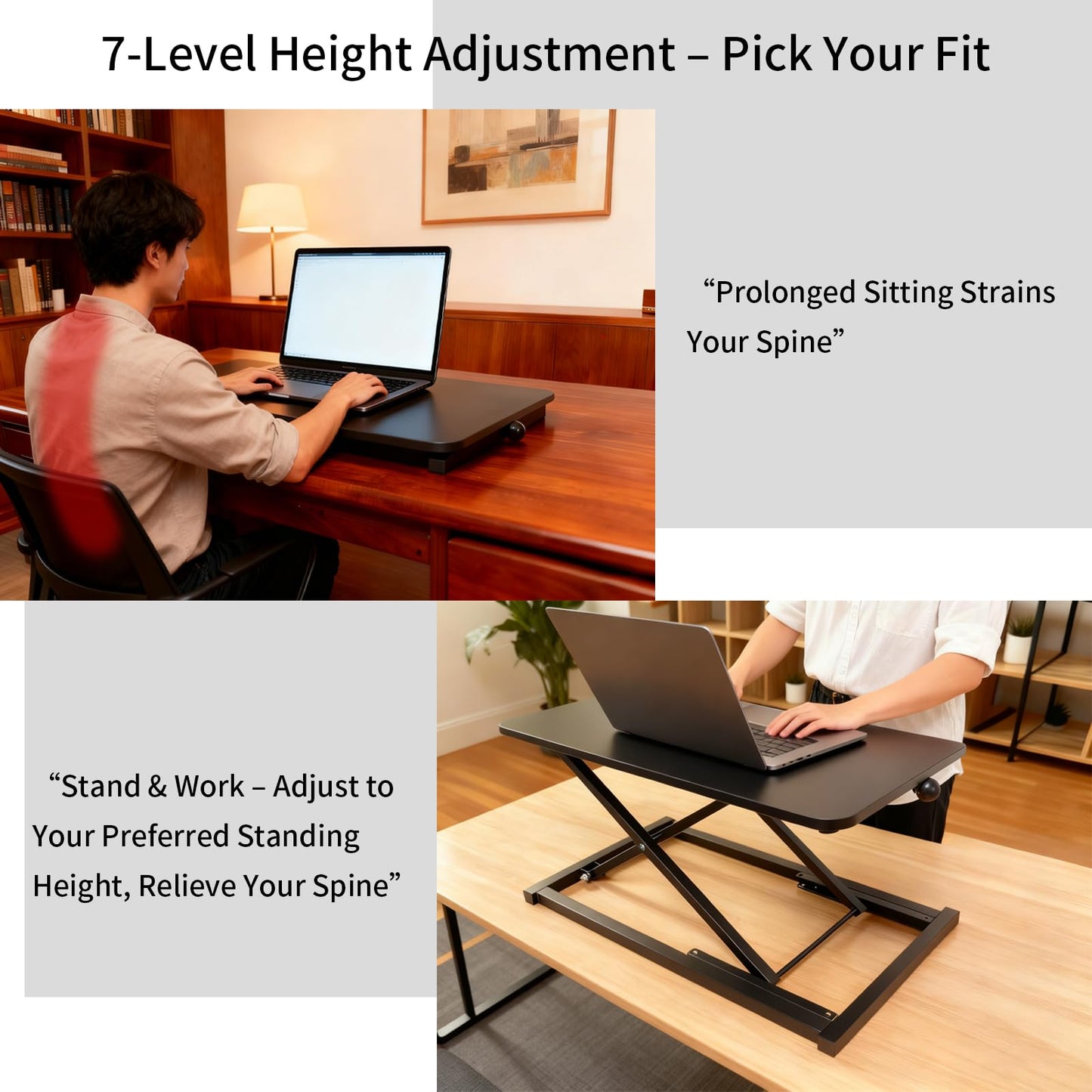 Amestar 23.6 Inch Standing Desk Converter Adjustable Height, Black Computer Desk, Sit Stand Tabletop Monitor and Laptop Riser Platform Workstation, Computer Keyboard Stand for Desktop