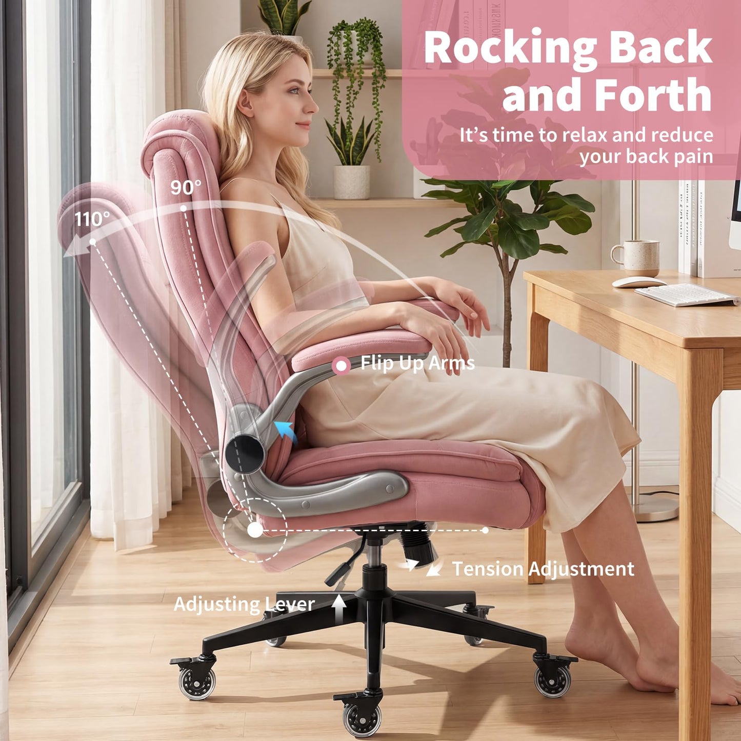 Fabric High Back Office Chair with Lockable Quiet Casters, Thick Padded Ergonomic Computer Chair- Adjustable Lumbar Support & Flip-Up Arms, Wide Executive Desk Chair for Back Pain, 400LBS Capacity