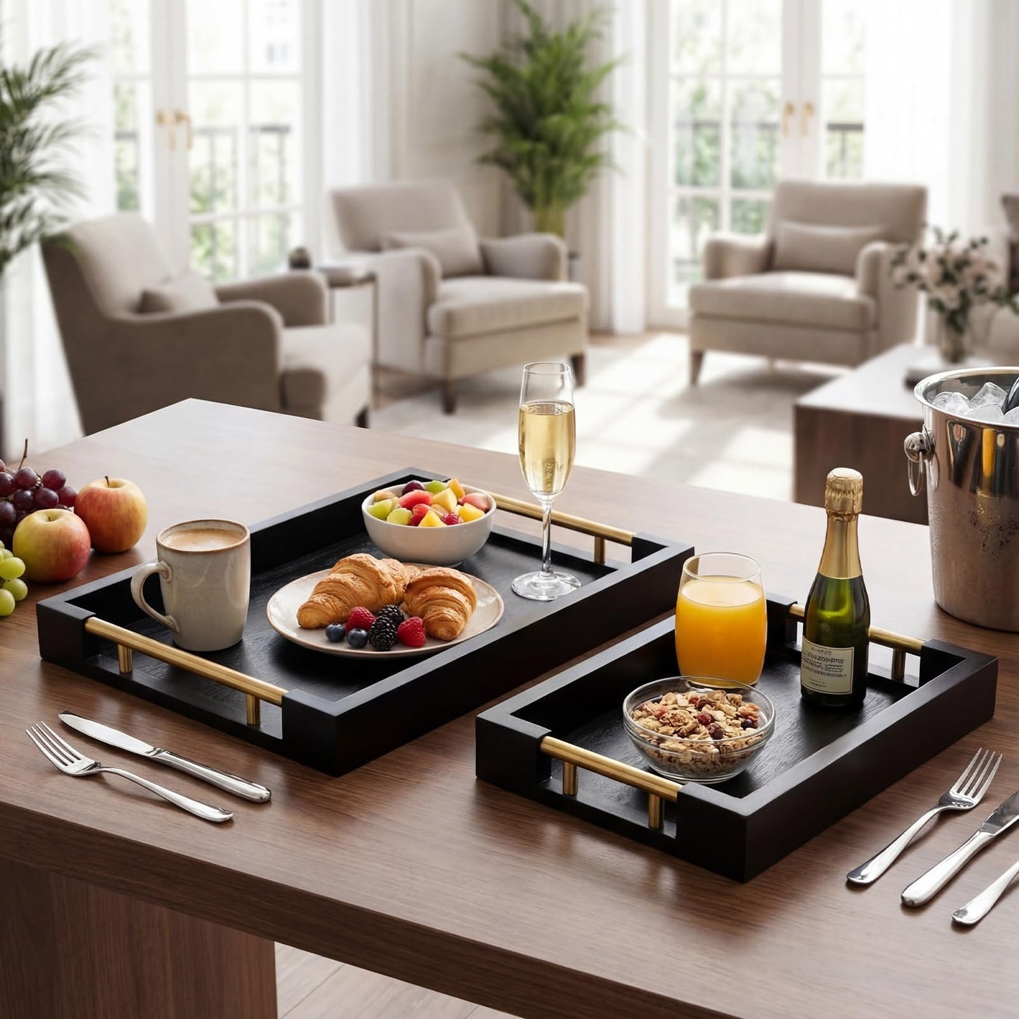 Leinuosen 2 Tier Serving Trays for Party Coffee Table Tray 12"x16" & 8"x12" Large Wooden Ottoman Tray with Gold Handles and Bamboo Stand for Storage Display(Black)